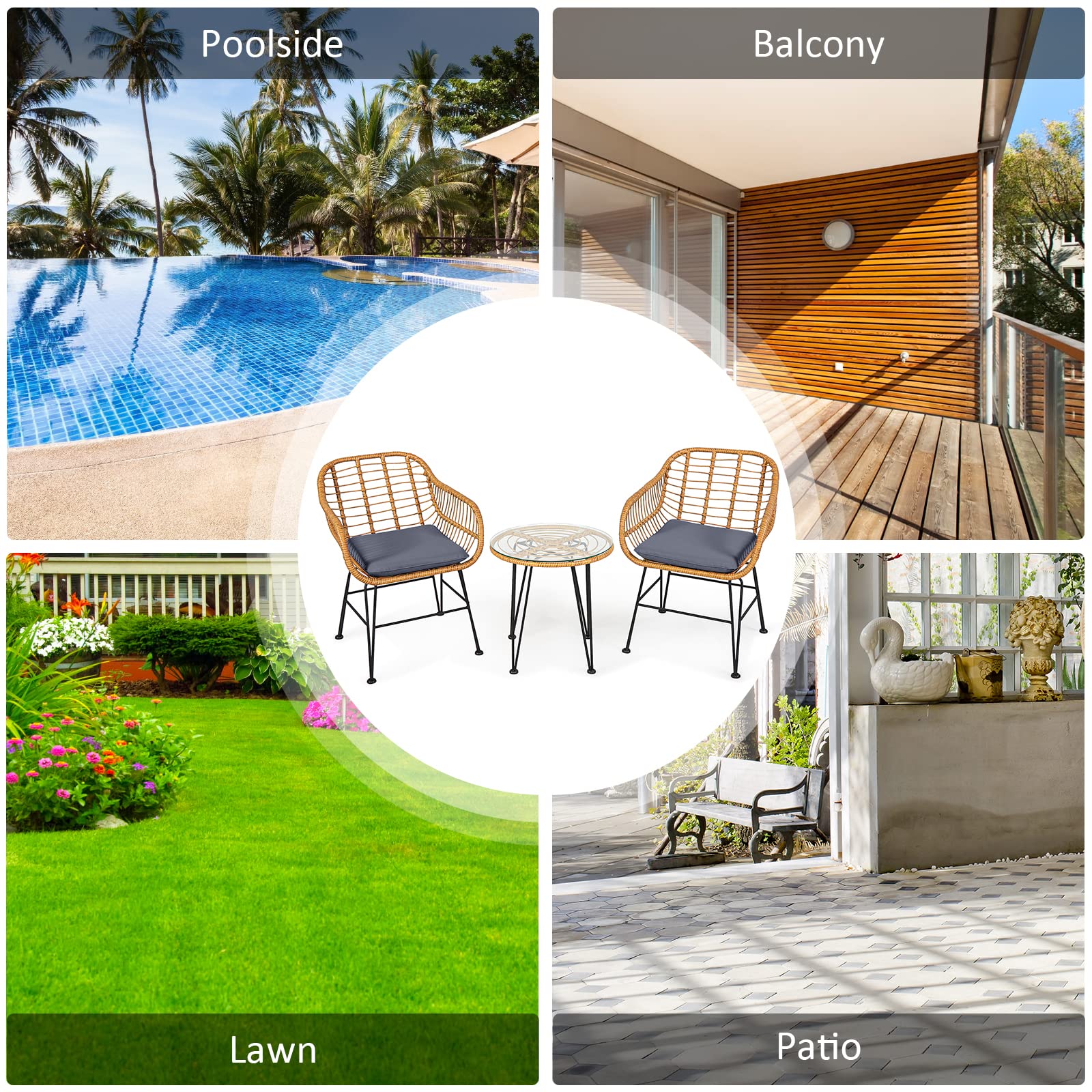 Tangkula 3-Piece Patio Bistro Set - Rattan Wicker Conversation Set with 2 Cushioned Armchairs & Round Glass Coffee Table - Indoor/Outdoor Furniture for Balcony, Backyard, Garden, Poolside - Perfect for Relaxing, Entertaining & Outdoor Dining