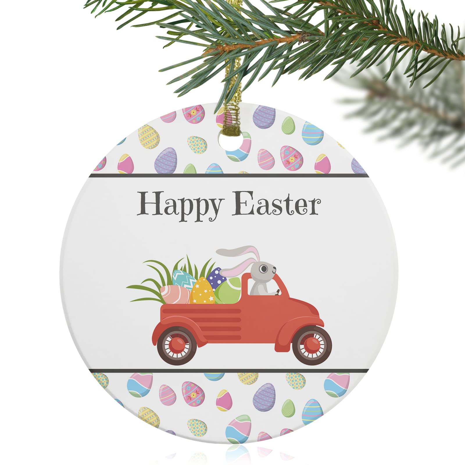 2021 Cute Cartoon Red Truck with Rabbit Easter Eggs Christmas Tree Ornament - 3