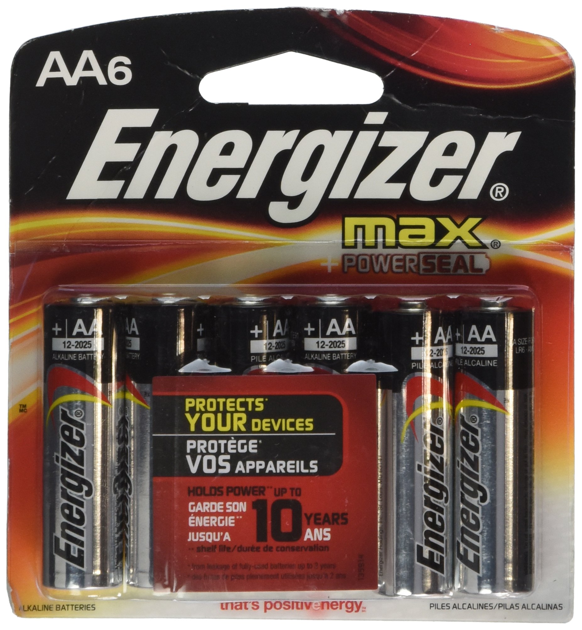 Energizer 06470 AA 1.5V MAX Alkaline Batteries (6-Pack) - Long-Lasting Power for Toys, Flashlights, Remote Controls & Electronic Devices (E91BPF-6)