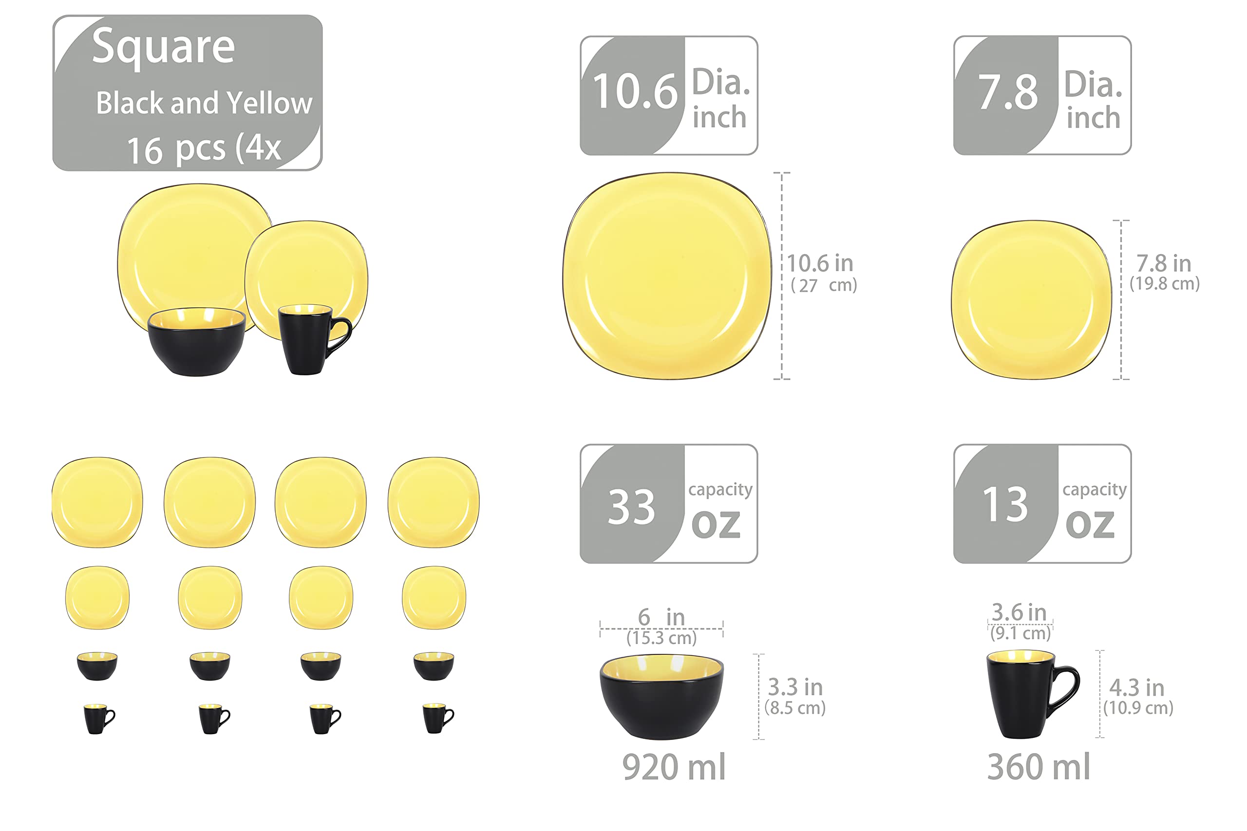 16-Piece Stoneware Dinnerware Set - Shiny Yellow Inside & Matte Black Outside - Elegant Square Plates & Bowls for Modern Dining, Dinner Parties, and Home Decor