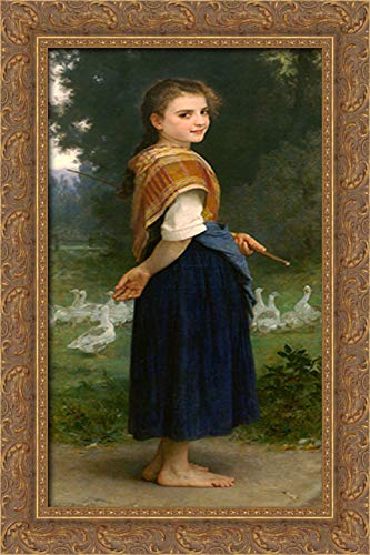 William Adolphe Bouguereau The Goose Girl 16x24 Inch Gold Ornate Wood Framed Canvas Art Print - Classic Home Decor for Living Room, Bedroom & Office