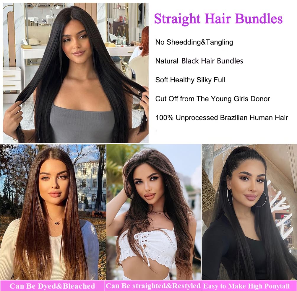 Vanlov 100% Unprocessed Brazilian Remy Human Hair Extensions - 18/20/22/24 Inch Straight Virgin Hair Bundles with Natural Wave & Double Weft for Black Women | Perfect for Daily Styling, Special Occasions & Salon Use