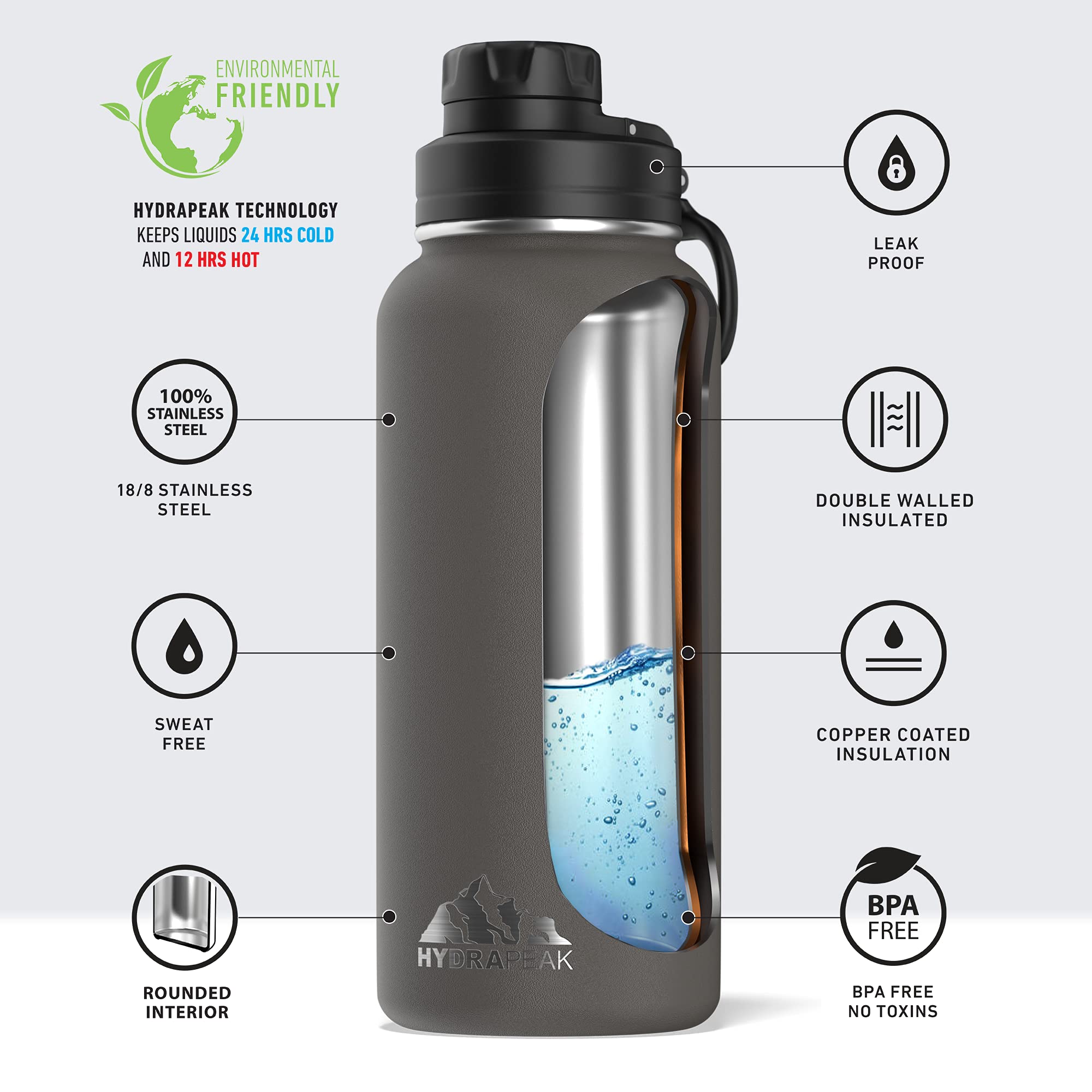 Hydrapeak 32 oz Insulated Stainless Steel Water Bottle with Chug Lid - Leak Proof, Double Wall Vacuum Insulation Keeps Drinks Cold for 24 Hours & Hot for 12 Hours - Perfect for Gym, Hiking, Travel & Outdoor Activities
