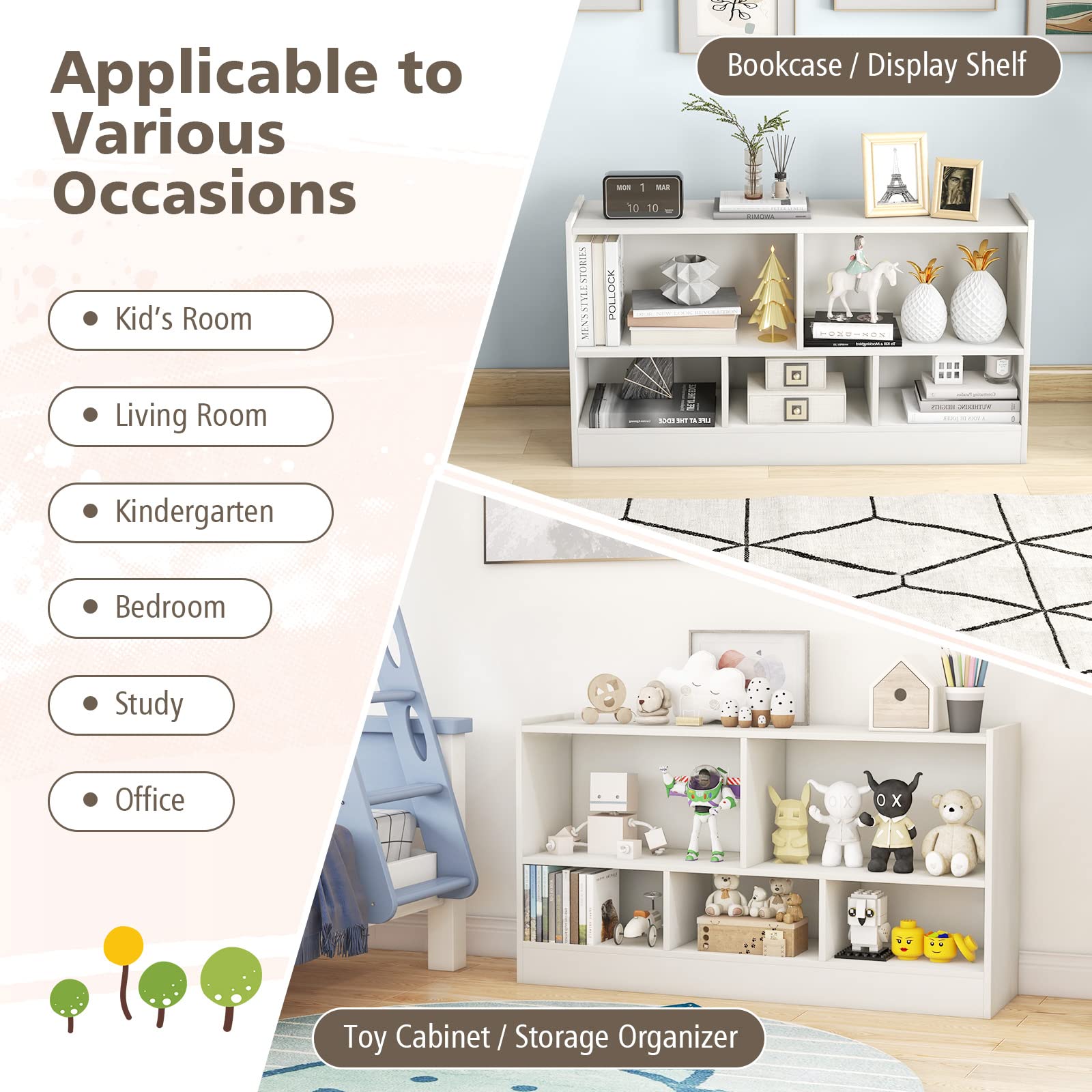 IFANNY 2-Tier Wooden Toy Storage Organizer & Kids Bookshelf - 5 Cube Bookcase for Toys, Books & Storage - White Nursery Shelf for Playroom, Classroom, Bedroom - Perfect for Organizing Kids' Toys, Books & Learning Supplies