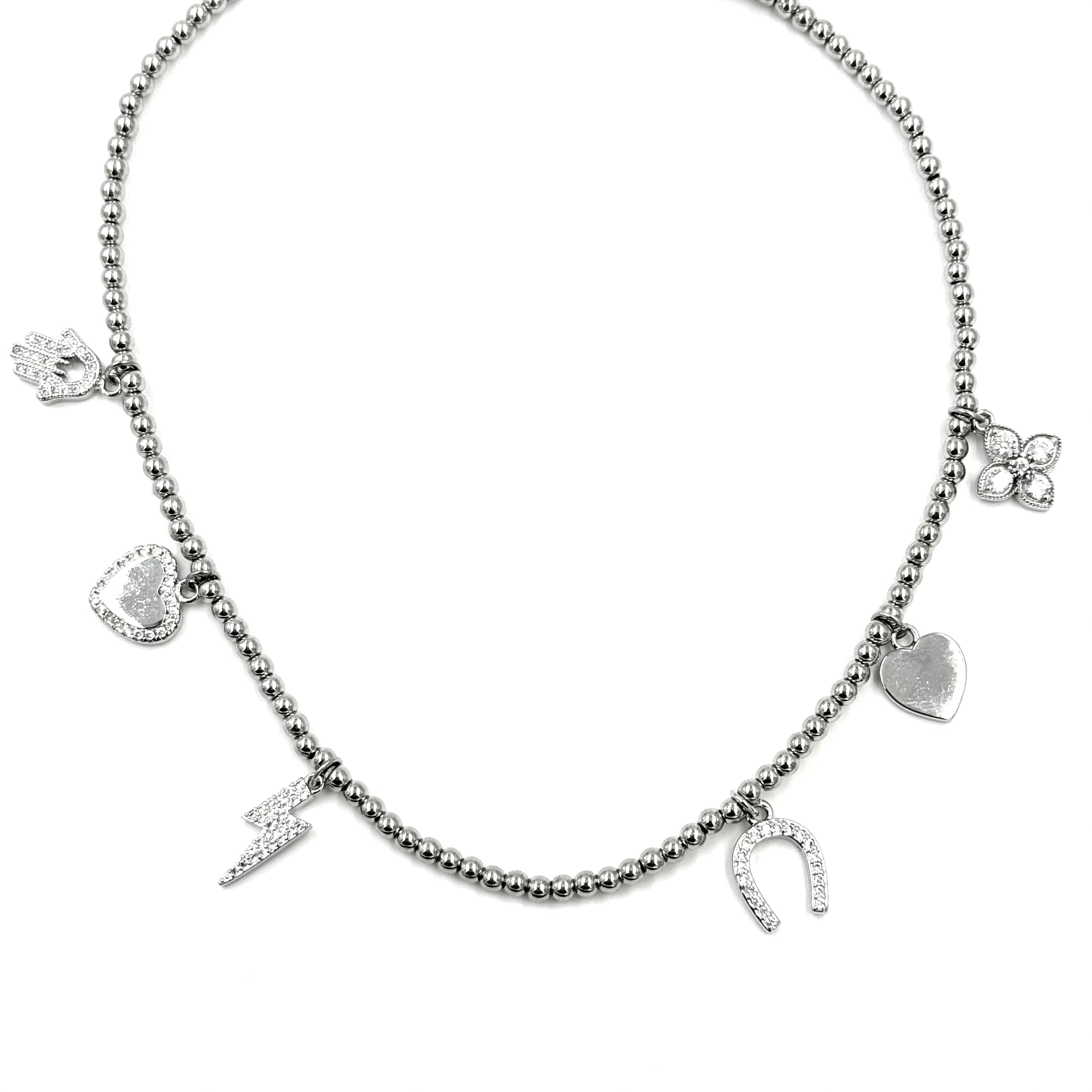 Ashley Gold Stainless Steel Ball Beaded Necklace with 6 CZ Charms - Elegant Jewelry for Women, Perfect for Parties, Weddings & Everyday Wear