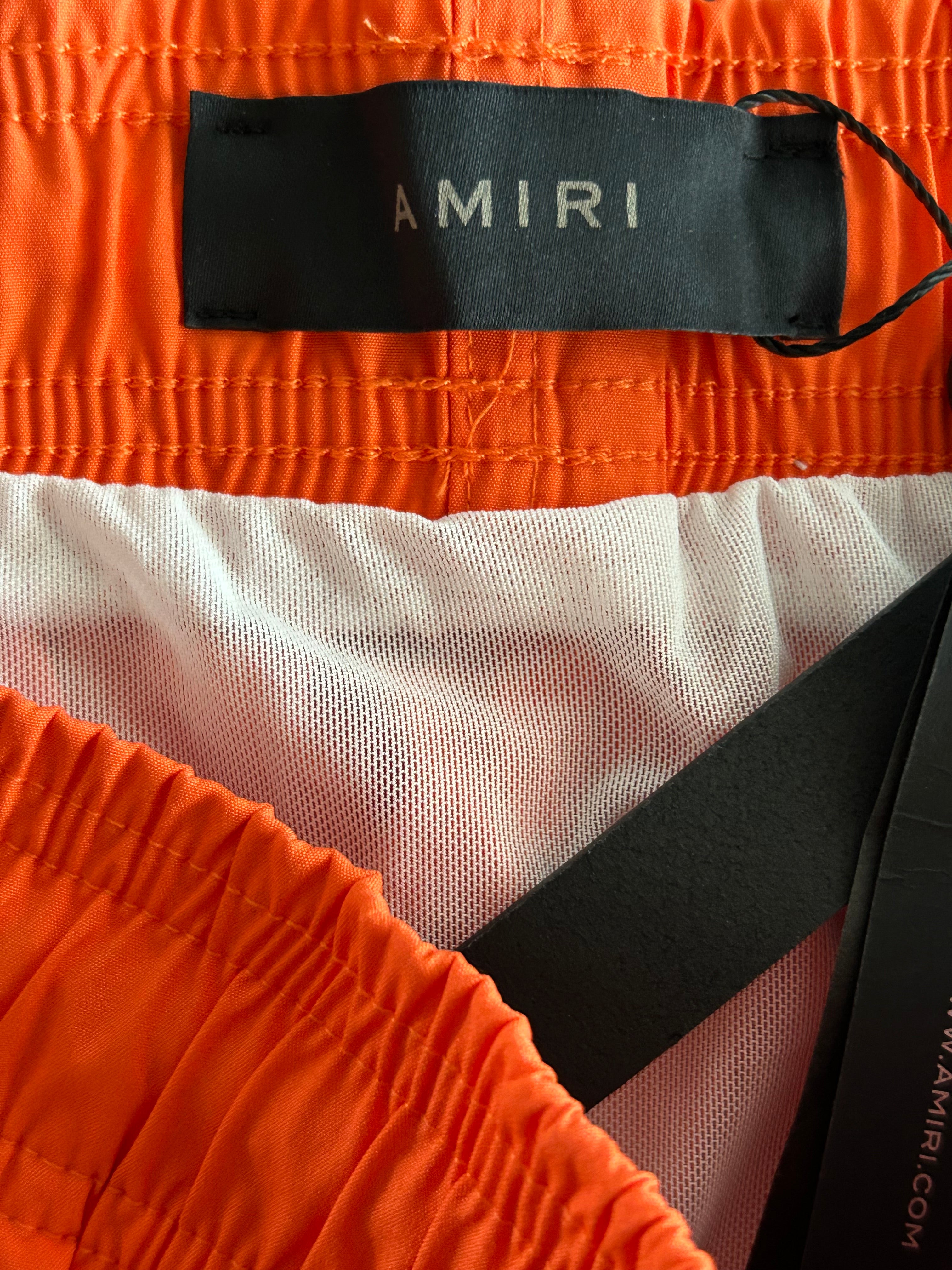 Amiri Orange & Black MA Bar Logo Swim Shorts for Men - Stylish Beachwear & Poolside Comfort - Perfect for Summer Vacations, Swimming, and Lounging