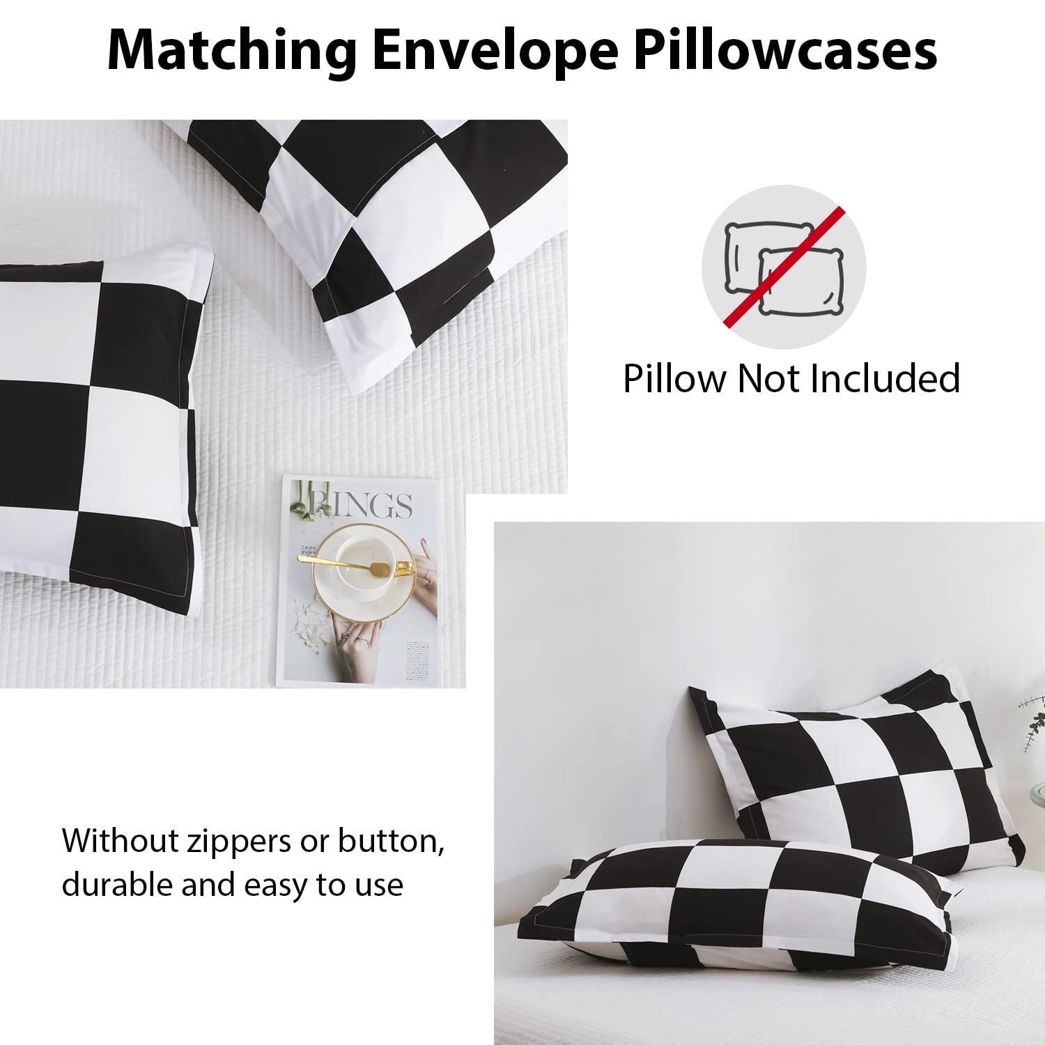 LUCKYBULL 3-Piece Full Comforter Set - Fluffy Down Alternative Bedding in Black & White Plaid, Soft Textured Checkered Design with 2 Pillow Shams - All Season Cozy Comfort for Bedroom, Guest Room, or Dorm