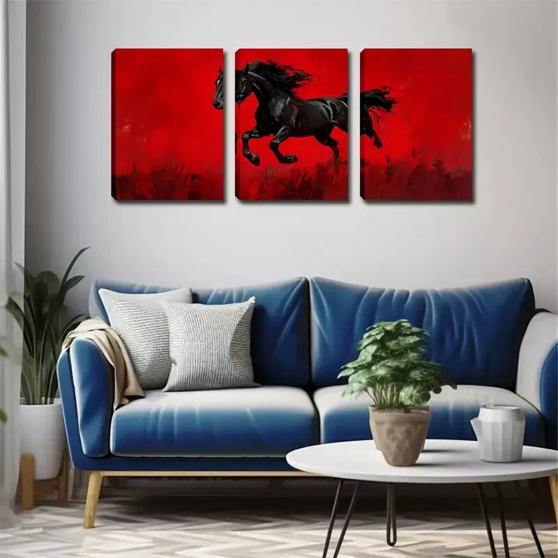 3-Piece Red Background Black Horse Wall Art Set - Framed Canvas 40x60cm - High Quality Print - 100% Australian Made - Ready to Hang - Perfect for Living Room, Bedroom & Office Decor