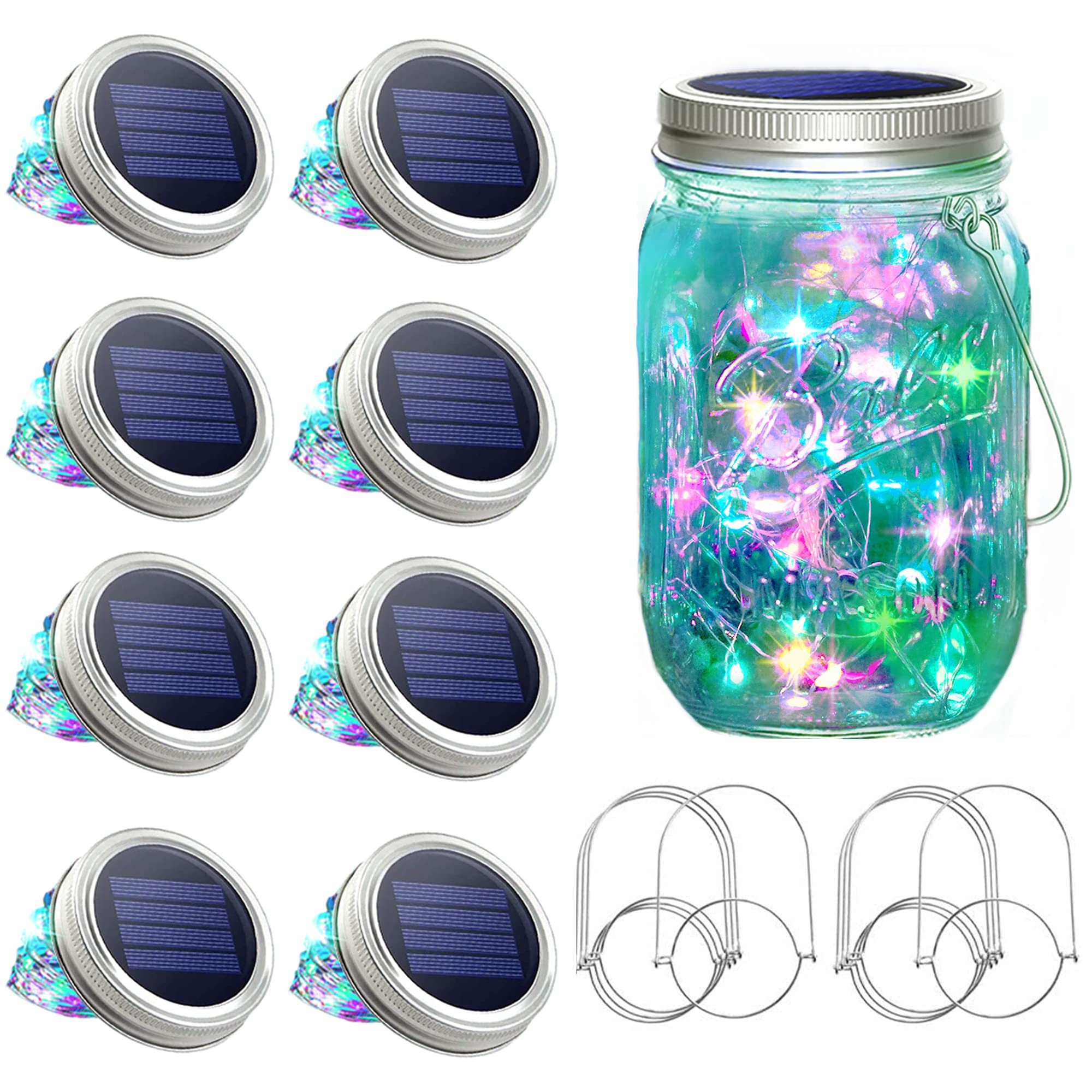 SunKite Solar Mason Jar Lights [Updated], 8 Pack 20 LED Waterproof Fairy Firefly Jar Lids String Lights with Hangers (NO Jars) - Outdoor Patio, Yard, Garden, Wedding & Party Decoration - Colorful Solar Lights for Romantic Ambiance