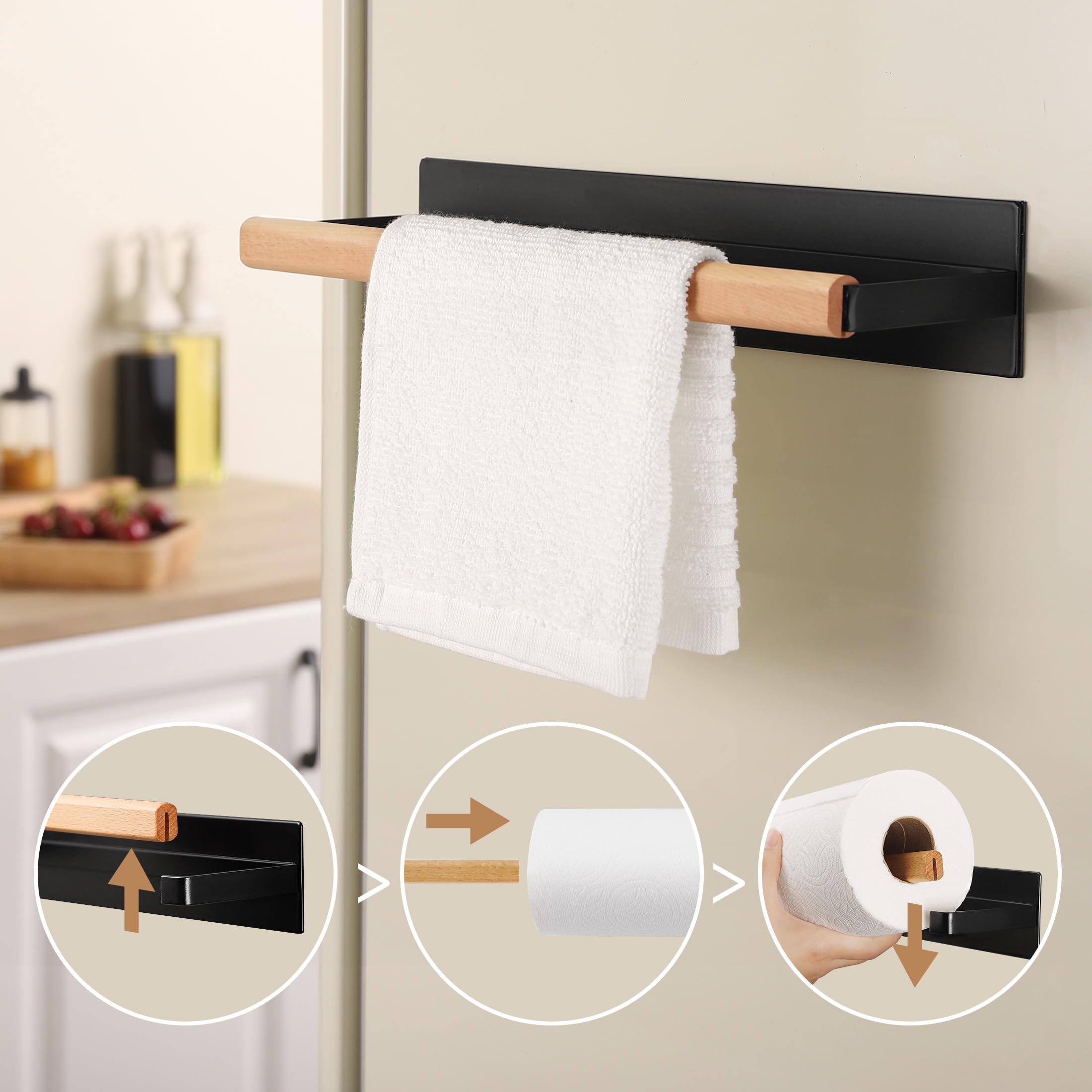Magnetic Paper Towel Holder for Refrigerator - KES KPH502MA-BK Black Wood & Metal Paper Towel Roll Holder | Space-Saving Kitchen Organizer for Countertops, Cabinets & RVs