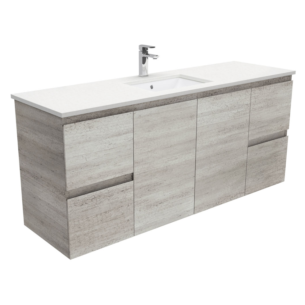 Fienza SC150XS Crystal Pure Undermount Stone Top Wall Hung Vanity Unit - 1500mm Single Basin Modern Bathroom Sink for Industrial Style Edge Design | Perfect for Small Bathrooms, Powder Rooms & Contemporary Homes
