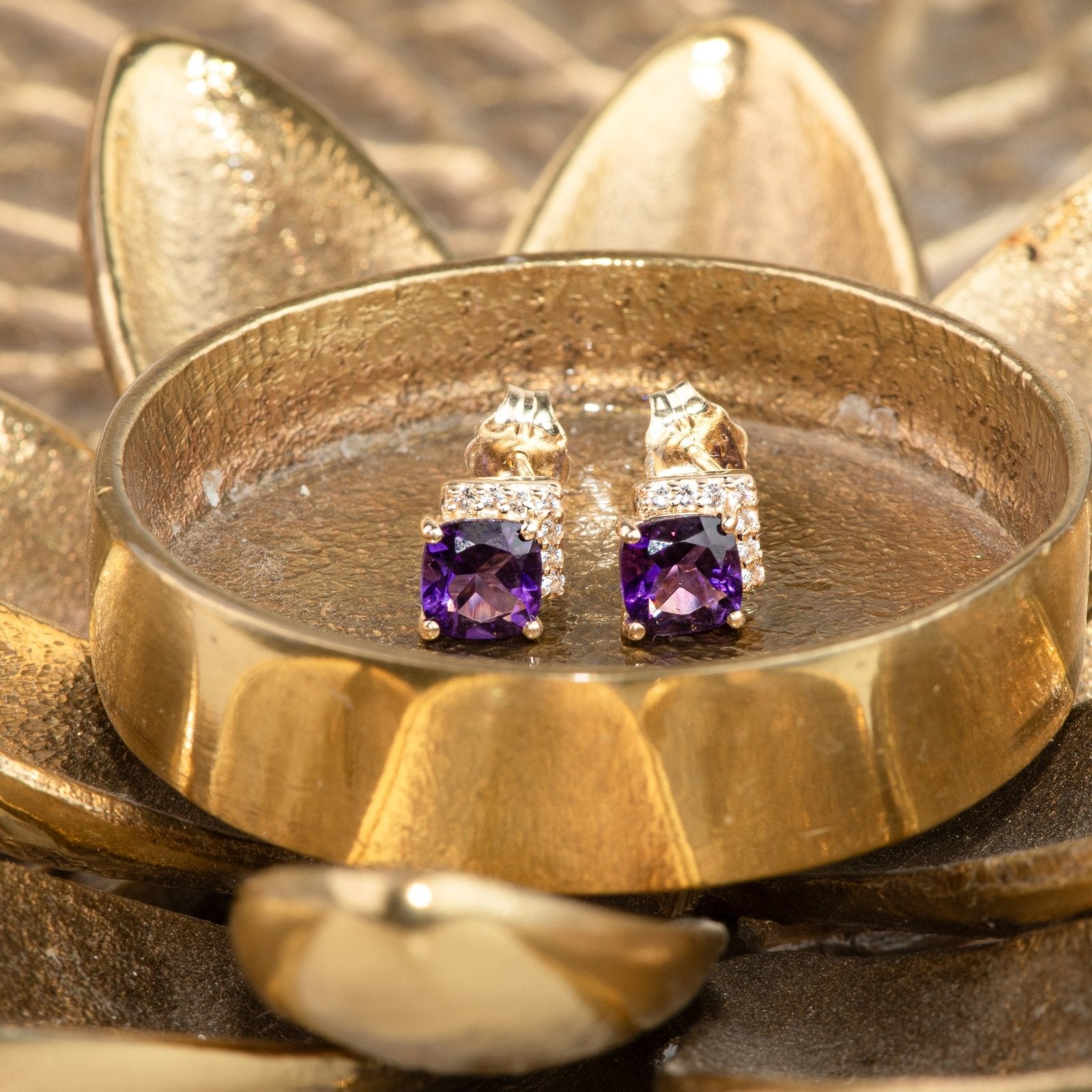10K Yellow Gold Cushion Cut Amethyst Stud Earrings with White Sapphire Pave - Elegant Purple Gemstone Jewelry for Women, Perfect for Weddings, Parties & Everyday Wear