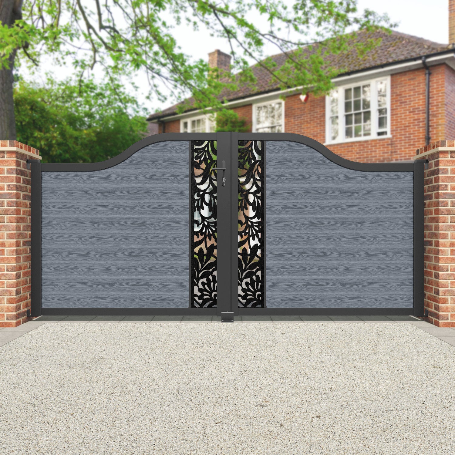 Classic Heritage Curved Top Driveway Gate - Anthracite Black Wrought Iron with Decorative Middle Screen | Elegant Entrance for Homes, Mansions & Estates