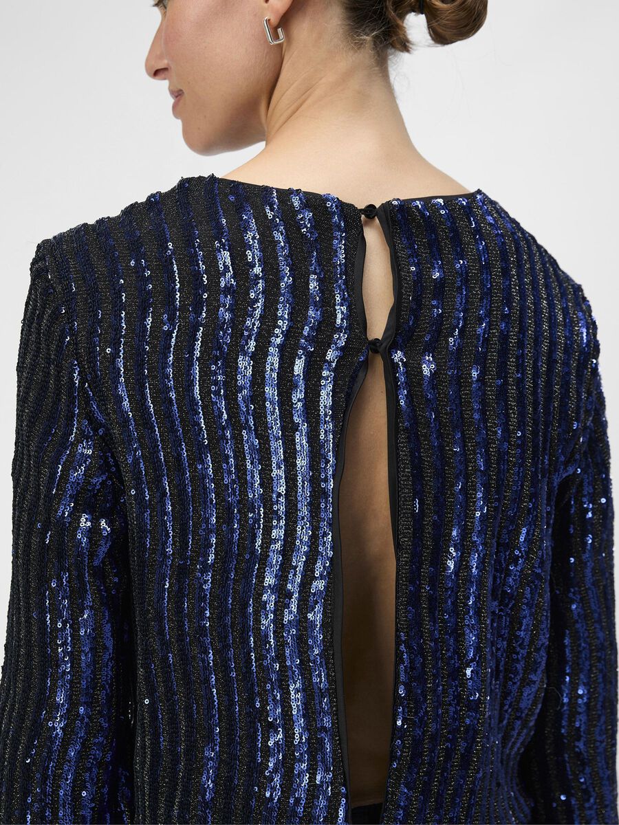 Dotti Sequin Top for Women - Sparkly Sky Captain/Black Mesh Party Blouse - Perfect for Night Out, Club, and Special Occasions