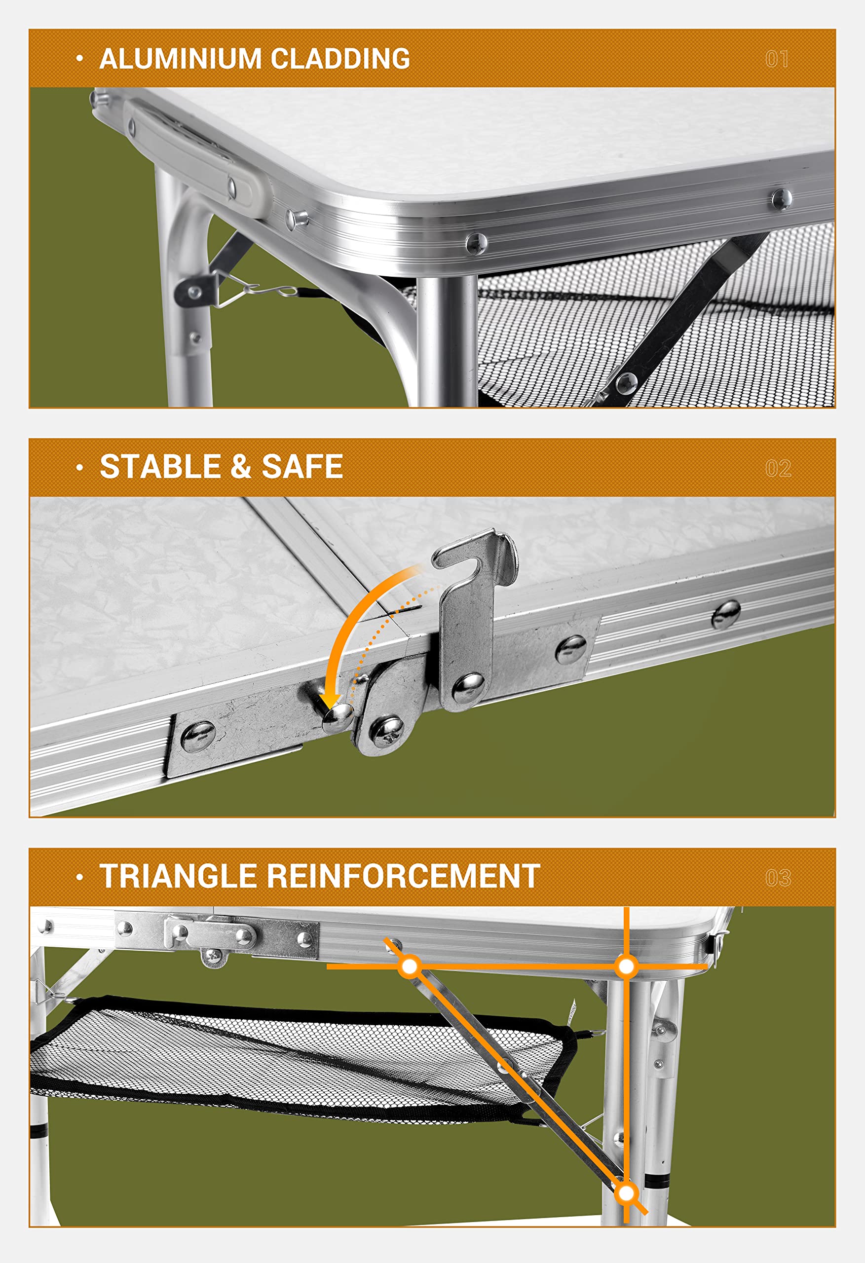 3-Level Adjustable Folding Camping Table - Lightweight Aluminum Portable Card Table with Mesh Holders & Carry Handle - Perfect for Outdoor Picnics, BBQs, Camping & Indoor Parties (Large Size)