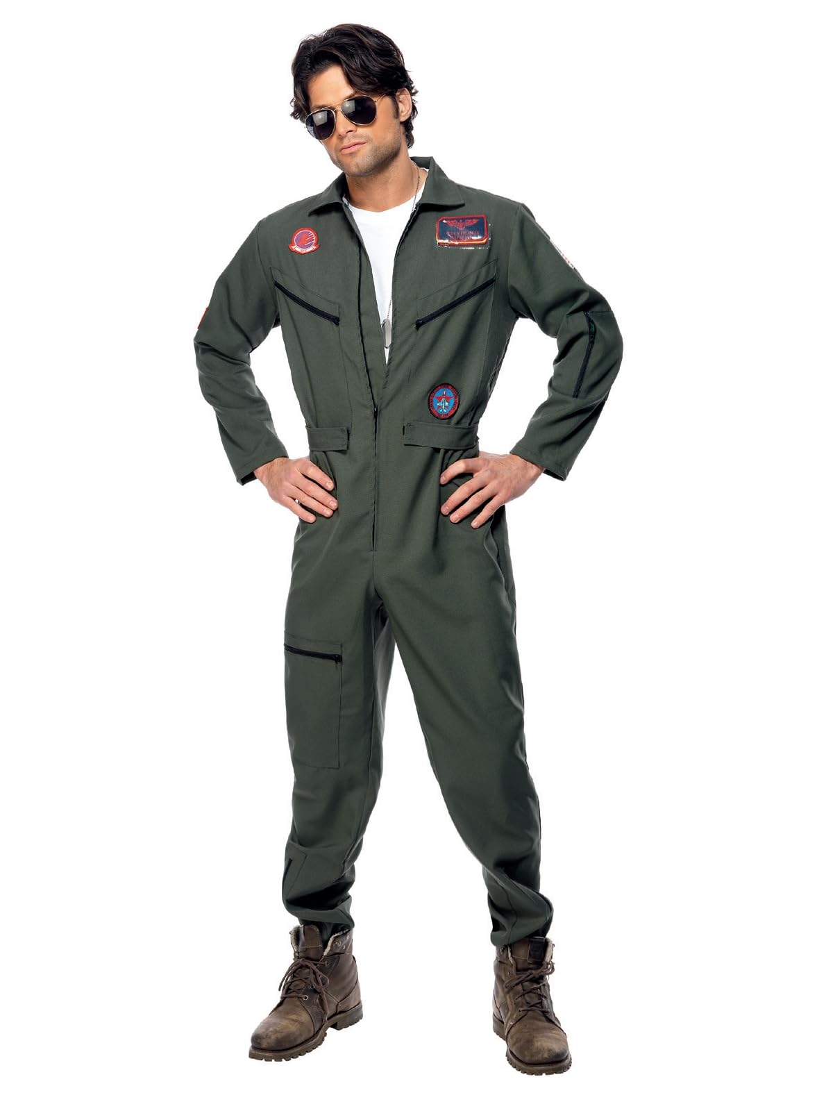Official Top Gun Costume Set for Men - Licensed Maverick Flight Suit with Pants, Badges & Sunglasses - Halloween Cosplay, Movie Party, Themed Events