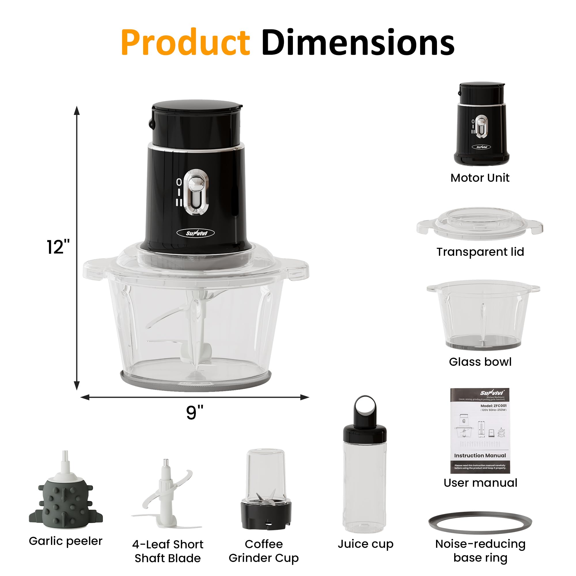 Sunvivi 4-in-1 Blender & Food Processor - 2 Speed High Power Blender with 1.5L Glass Bowl for Grinding Meat, Peeling Garlic, Juicing & Mixing - Includes 0.4L & 0.2L Travel Cups - Perfect for Smoothies, Baby Food & Meal Prep - Black