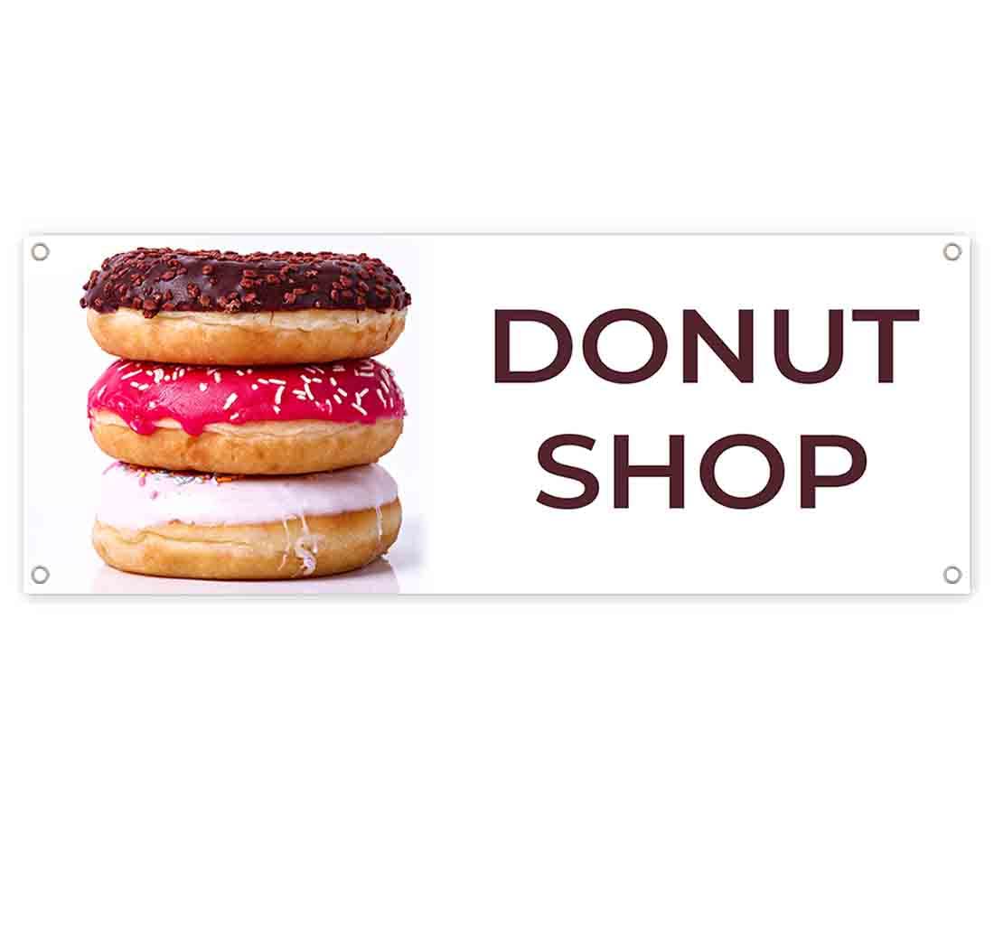 Premium 13 oz Heavy-Duty Vinyl Donut Shop Banner with Metal Grommets - Single-Sided Non-Fabric Sign for Bakeries, Cafes & Breakfast Shops - Perfect for Storefronts, Windows & Outdoor Advertising