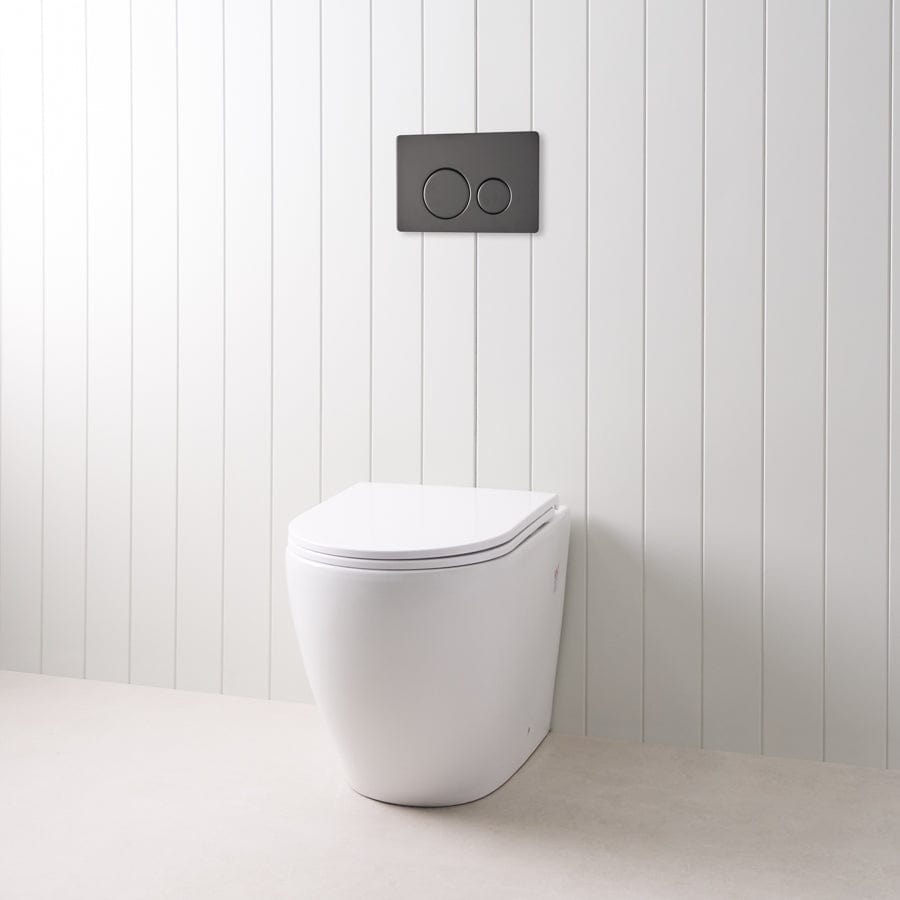 Modern Curved In-Wall Toilet with Round Matte Black Buttons - Space-Saving Wall-Mounted Design for Contemporary Bathrooms