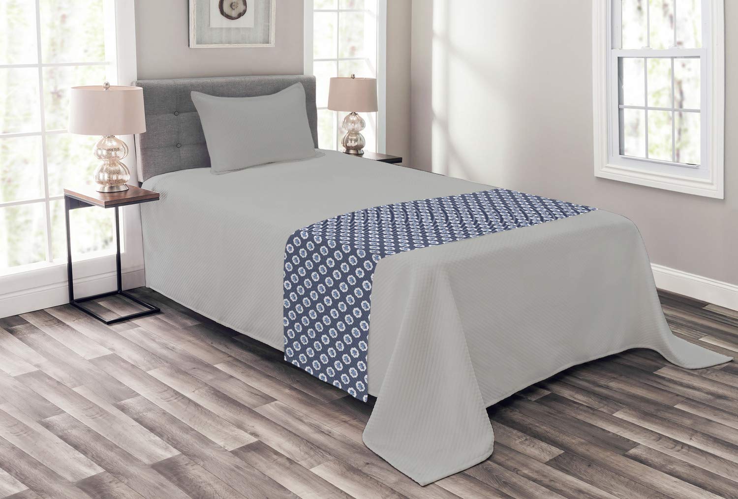 Ambesonne Shabby Floral Bed Runner - Feminine Pattern with Curvy Frames, English Roses & Polka Dots - Decorative Accent Bed Scarf for Hotels, Homes & Guest Rooms - Dark Blue & White - Perfect for Master Bedrooms, Wedding Decor & Vintage Style Bedding