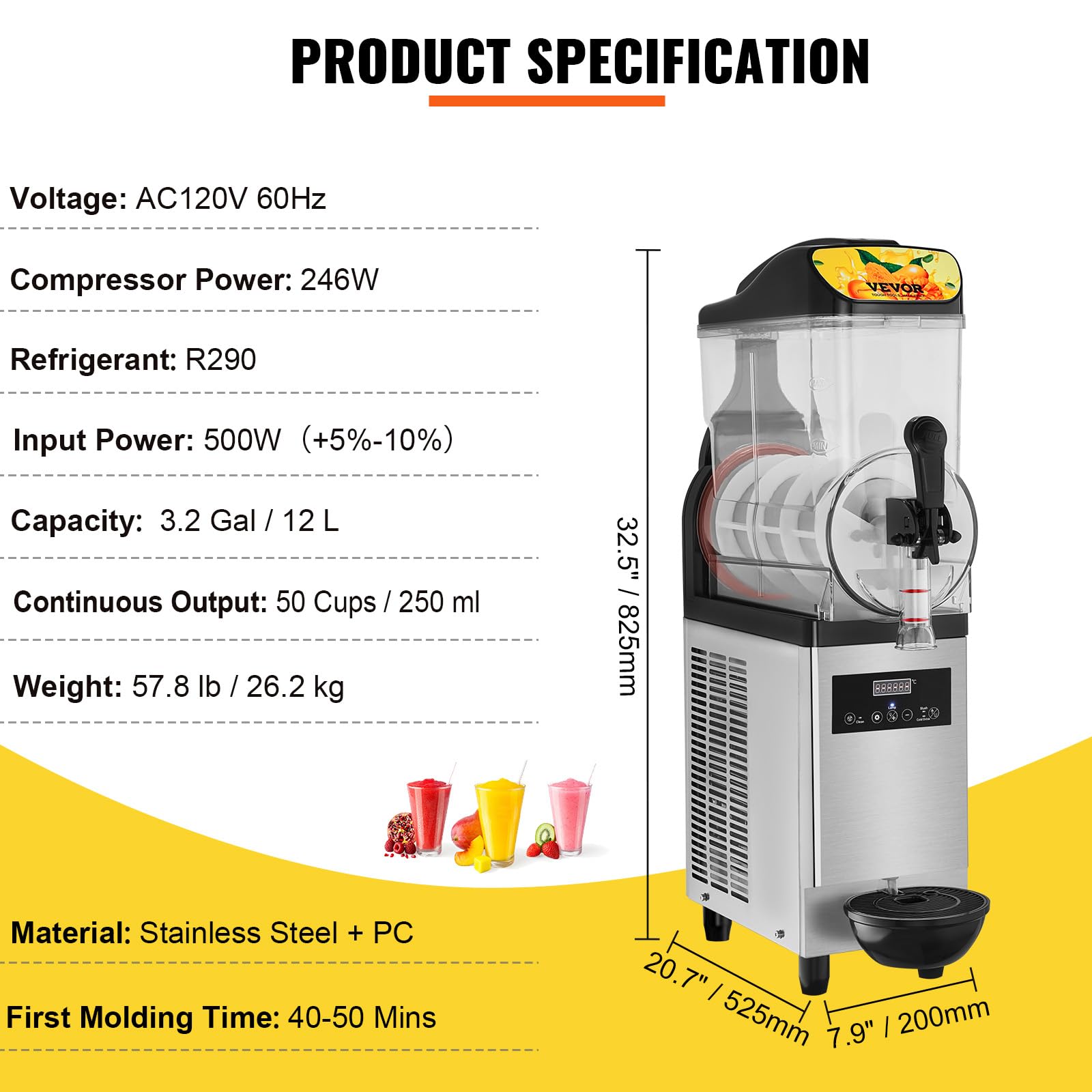 VEVOR 12L/3.2Gal Commercial Slushy Machine - Stainless Steel Frozen Drink Maker for Margaritas, Smoothies & Cocktails - 500W Slushie Machine for Home, Party, Restaurant, Cafe & Bar Use - Perfect for Summer Parties, Business Events & Cocktail Making