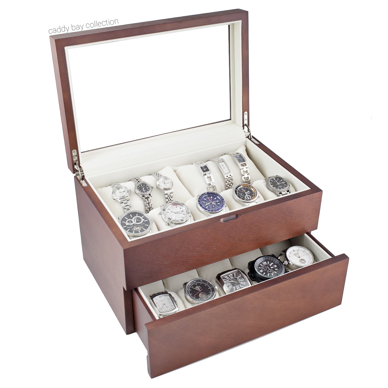 Vintage Wooden Watch Case with Glass Top - Holds 20+ Watches, Adjustable Soft Pillows & High Clearance for Larger Watches - Perfect for Watch Collectors, Jewelry Storage & Display in Home or Retail Stores