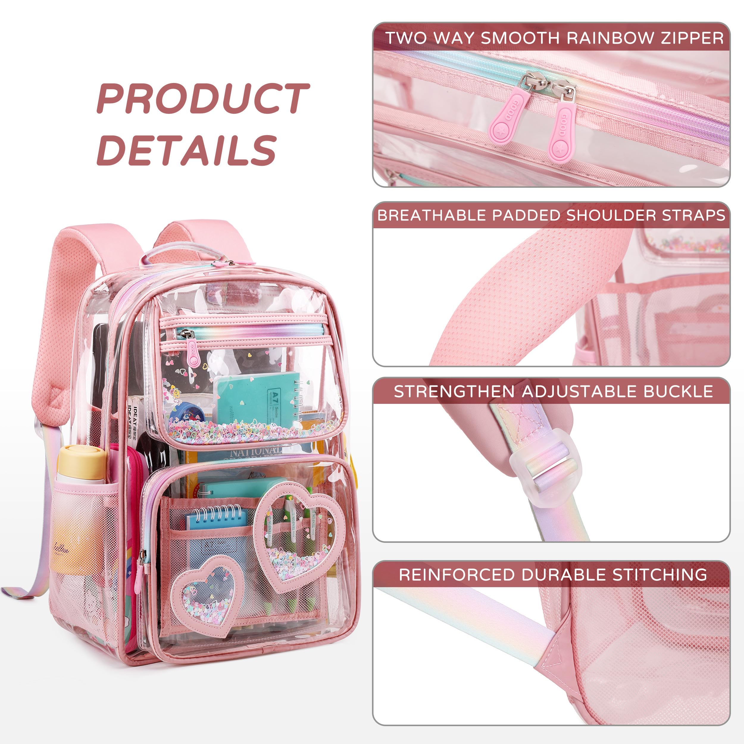 Clear Backpack for School & Travel - Transparent Stadium Approved Bookbag for Girls, Kids, Women & Teens | Pink See-Through Daypack for Elementary, Middle & College Students | Fits Laptops & Essentials (Perfect for School, Work, Travel & Stadium Events)