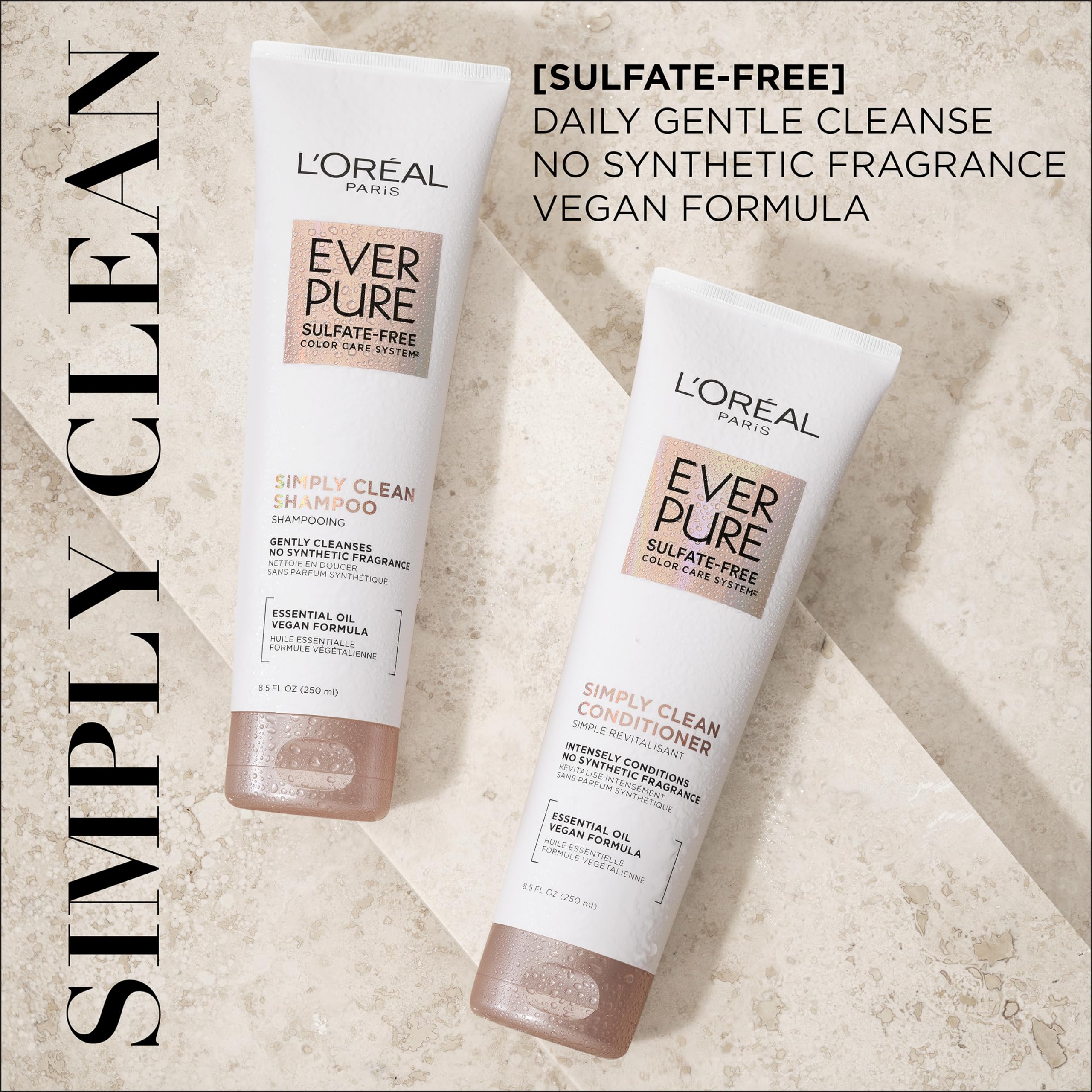 L'Oreal Paris EverPure Sulfate Free Simply Clean Shampoo - Hydrating Hair Care with Rosemary Essential Oils, 8.5 Fl Oz - Gentle Daily Cleansing for Color Treated & Dry Hair