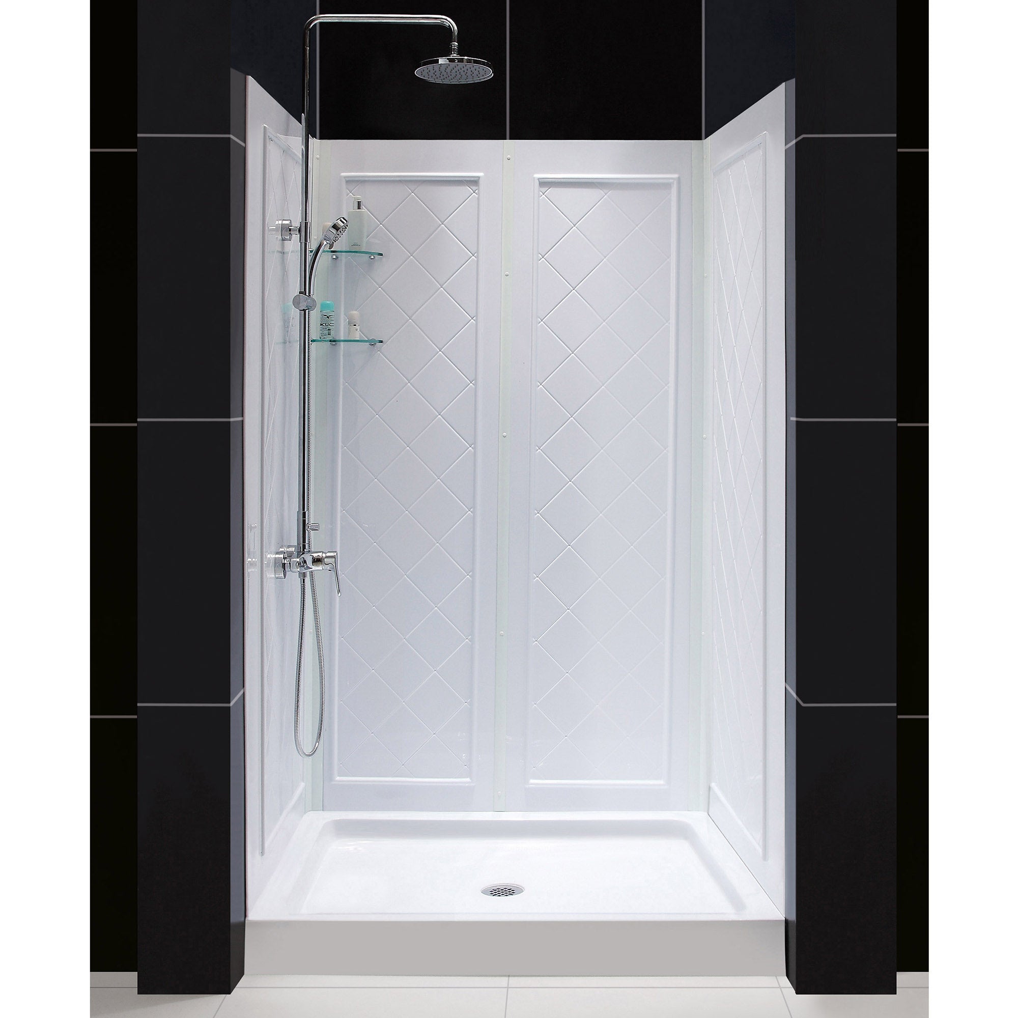 DreamLine 36x48x76.75 Inch SlimLine Single Threshold Shower Base & QWALL 5 Acrylic Backwall Kit - Perfect for Small Bathroom Remodeling & Space-Saving Shower Installation