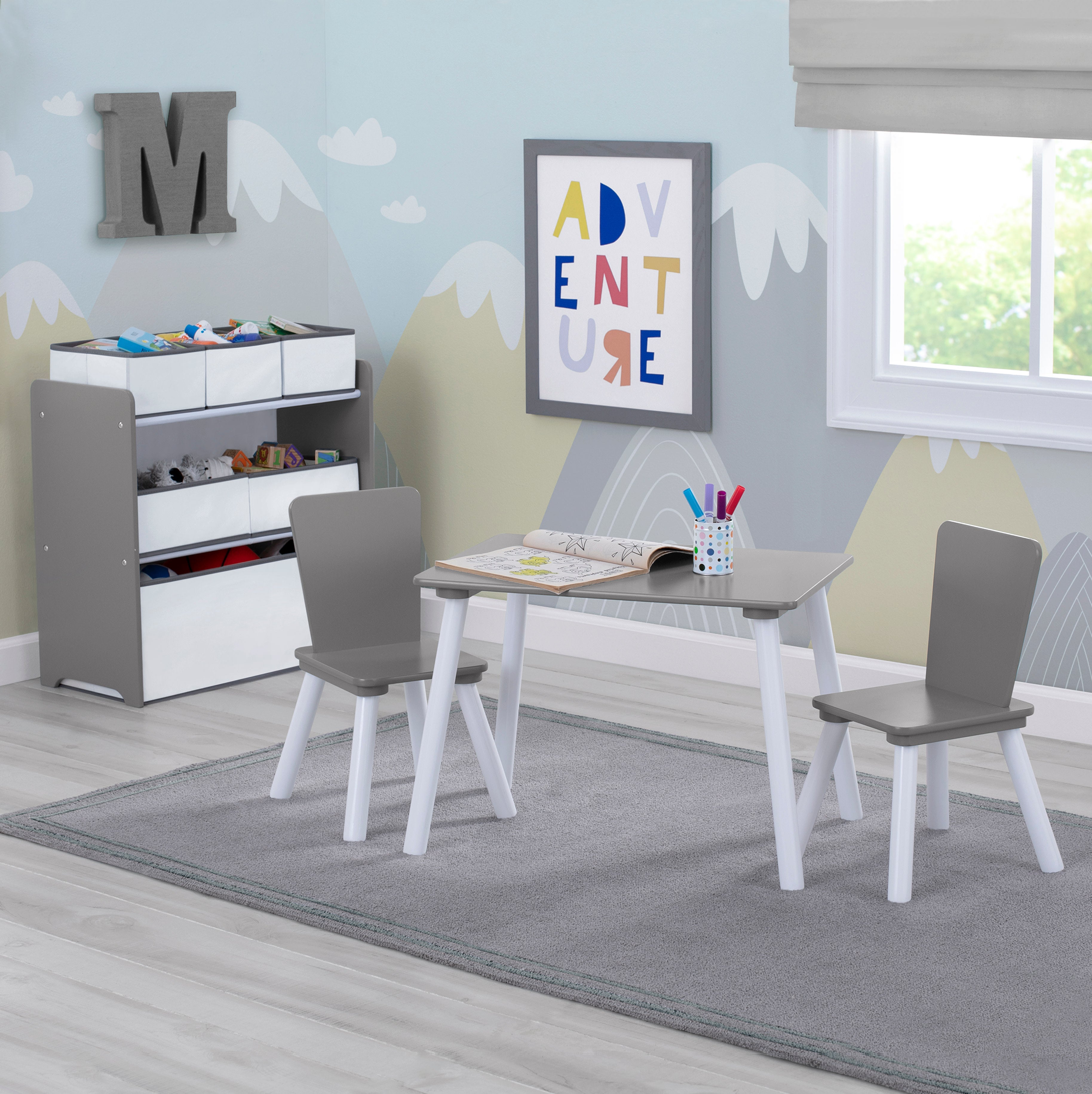 4 Piece Toddler Playroom Set - Kids Activity Table & 6-Bin Toy Storage Organizer with Reusable Vinyl Wall Stickers | Perfect for Playrooms, Daycares & Homeschool Learning Spaces