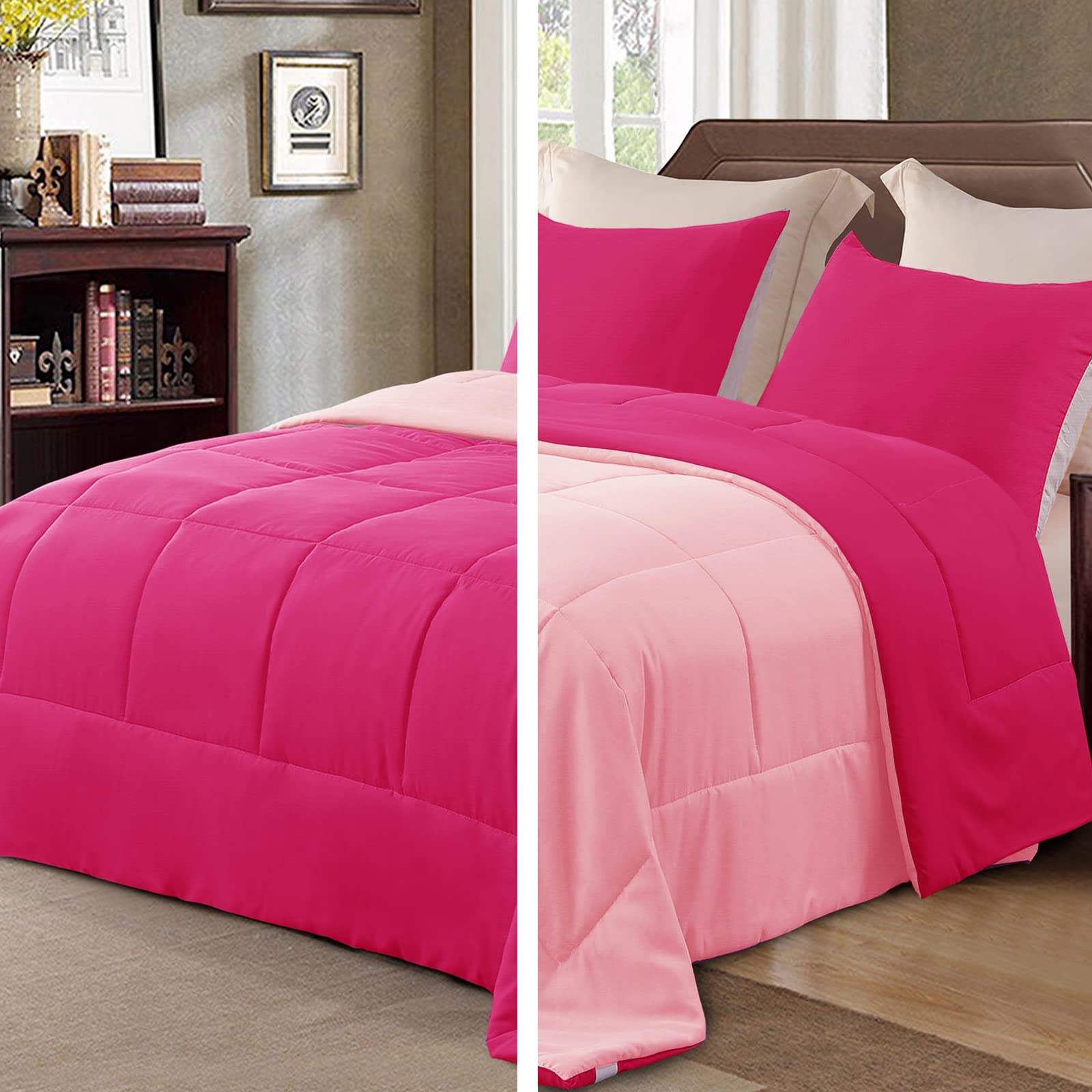 Exclusive Lightweight Reversible 3-Piece Comforter Set - All Seasons Down Alternative Bedding with 2 Pillow Shams, King Size in Hot Pink/Bright Pink - Perfect for Master Bedroom, Guest Room & Dorm Decor