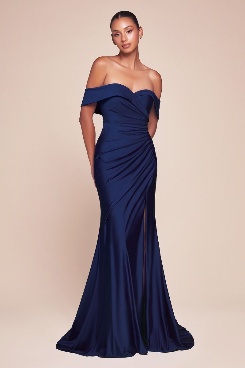 Freya Off Shoulder Stretch Spandex Dress - Navy Blue Evening Gown for Women, Perfect for Cocktail Parties, Weddings & Special Occasions