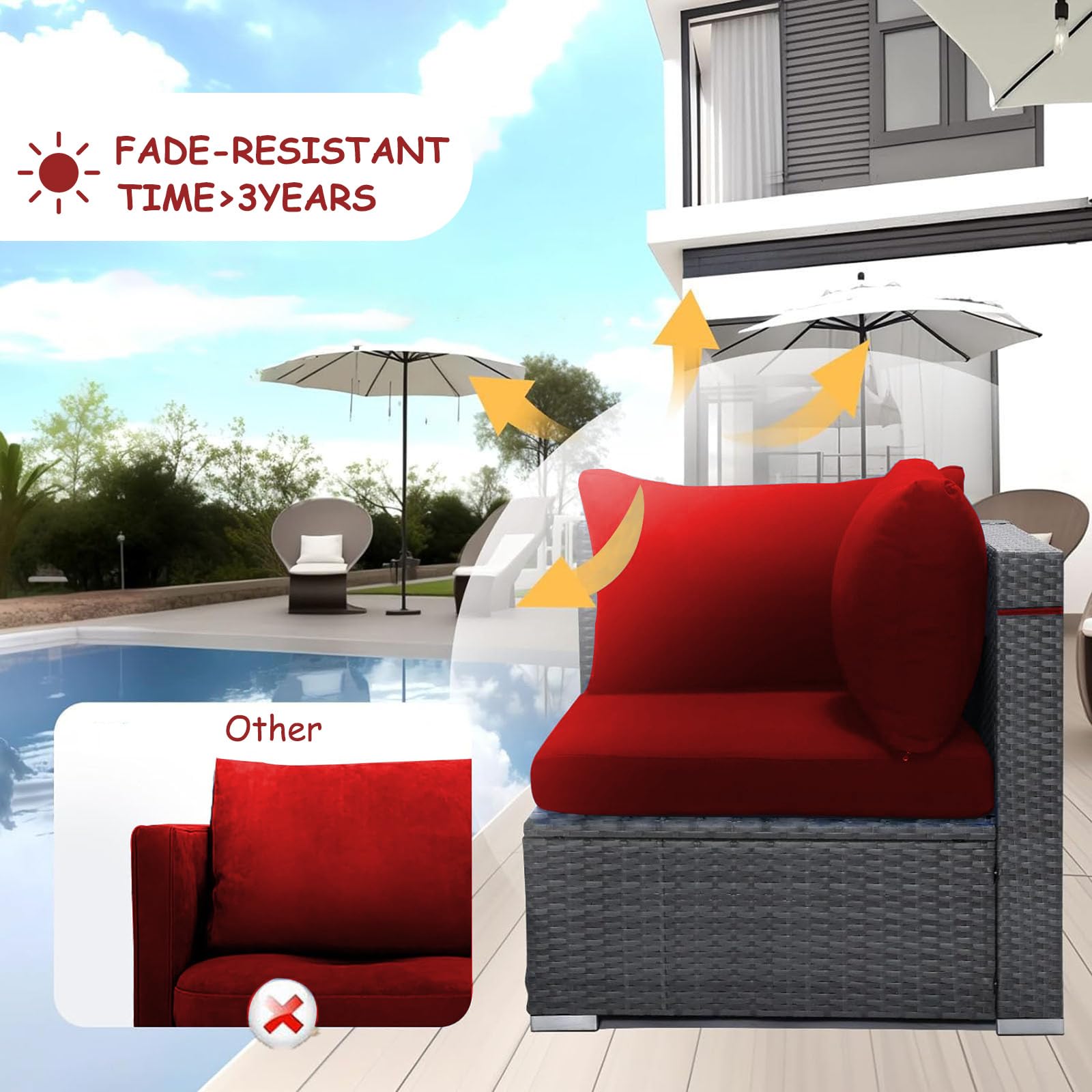 Waterproof Outdoor Sectional Couch Cushion Covers - 12-Piece Set with Zipper for Rattan Patio Furniture (Red) | Durable Replacement Slipcovers for Garden, Poolside & Backyard Lounge