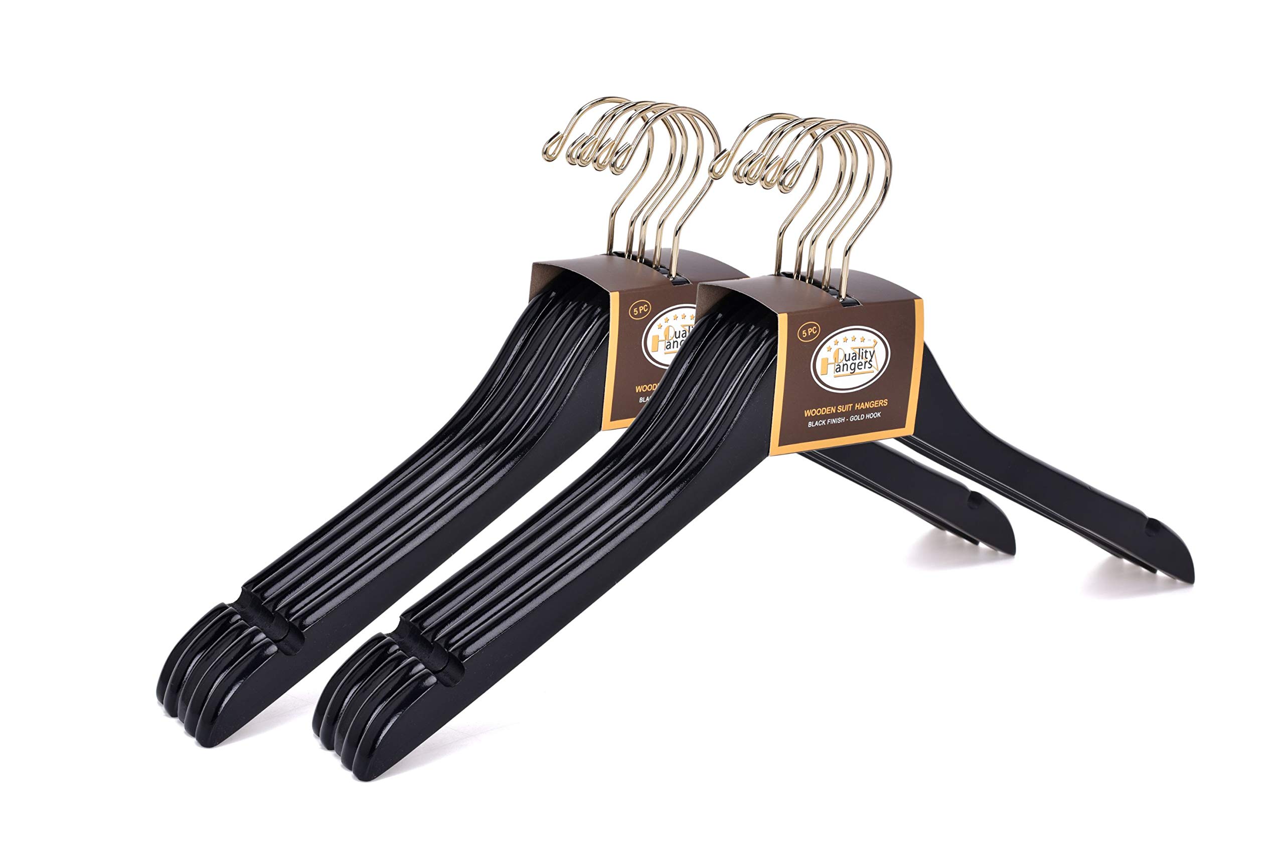 Premium Black Semi-Curved Wooden Suit Hangers - 10-Pack Smooth Finish Solid Wood Coat Hangers with Swivel Hook for Jackets, Pants & Dresses (Black & Gold, 10) - Ideal for Closet Organization, Wardrobe Storage & Luxury Garment Care
