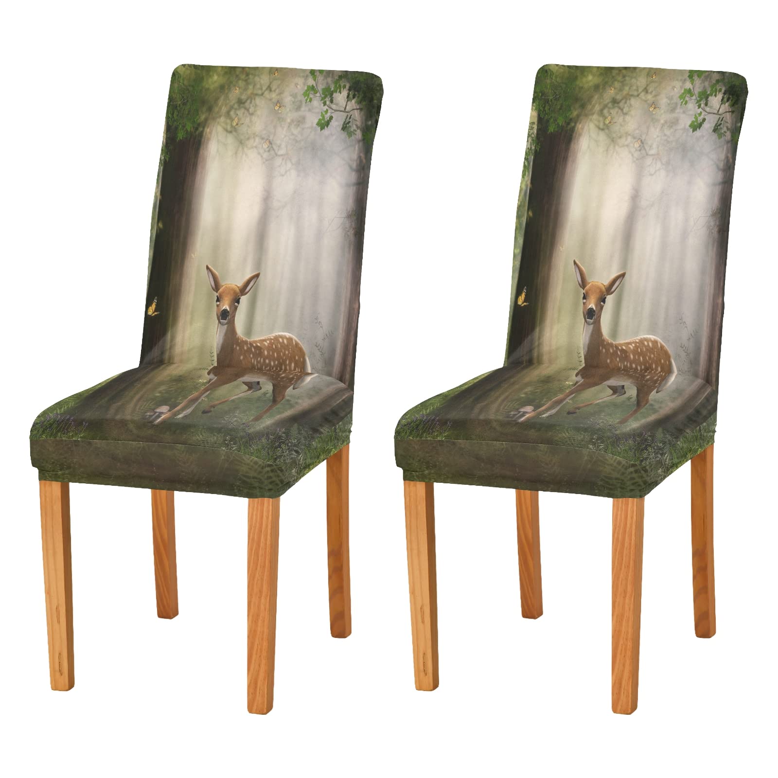 ALAZA Stretch Dining Room Chair Covers - Deer Fawn Forest Butterflies Design, Washable Parson Chair Slipcovers for Kitchen, Wedding Ceremony & Home Decor - Perfect for Dining Room, Party & Event Decorations