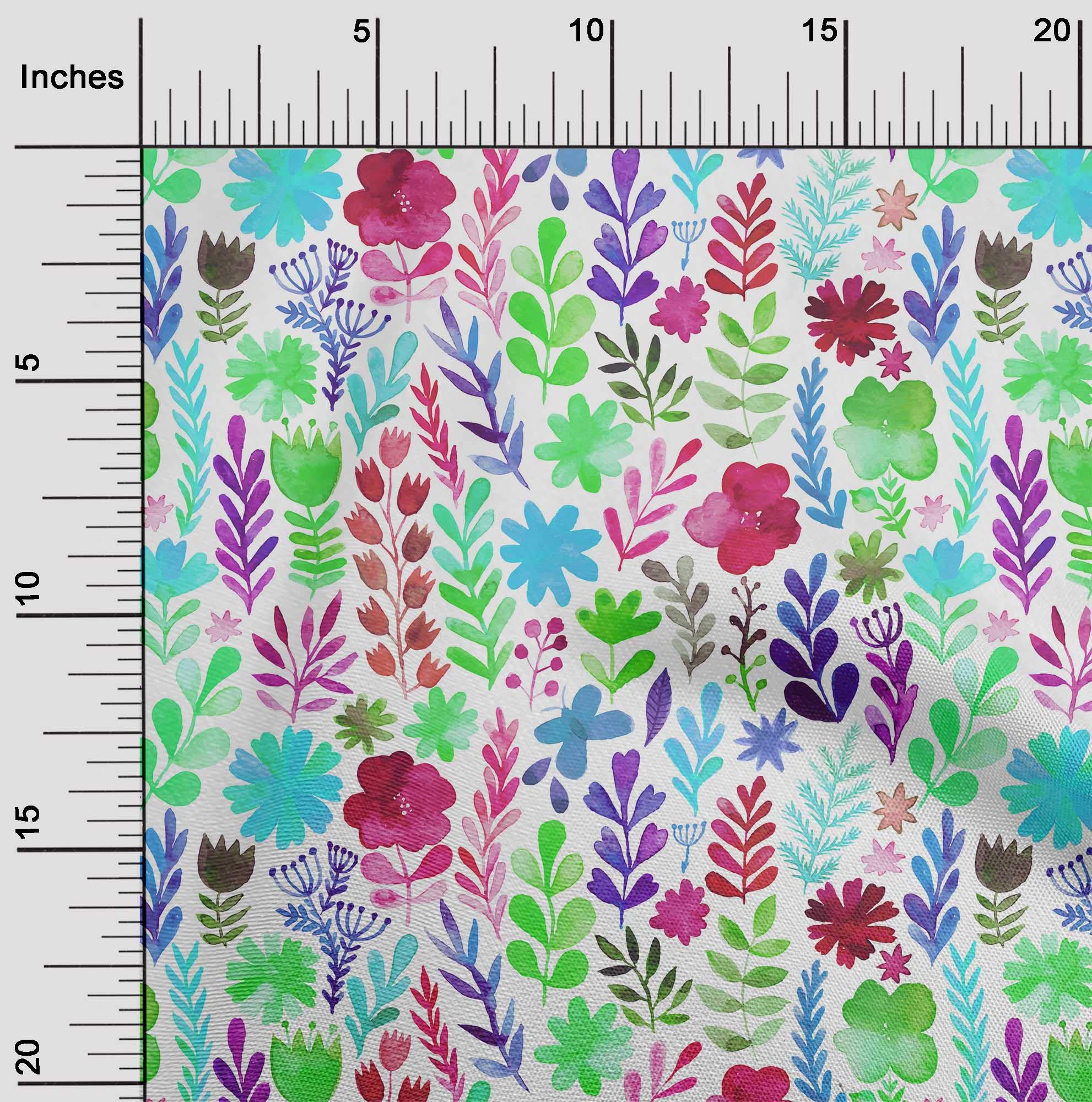 oneOone Rayon White Fabric with Leaves & Floral Watercolor Print - 56 Inch Wide DIY Sewing Material for Clothing, Dresses, Quilting & Home Decor Projects
