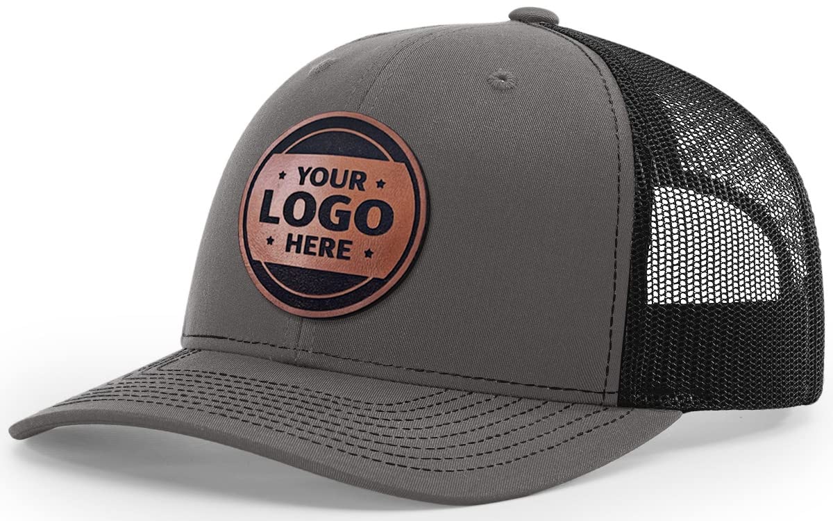 Custom Trucker Leather Patch Hat - Laser Engraved Adjustable Snapback Cap for Men & Women - Charcoal/Black - Perfect for Outdoor Activities, Road Trips & Casual Wear