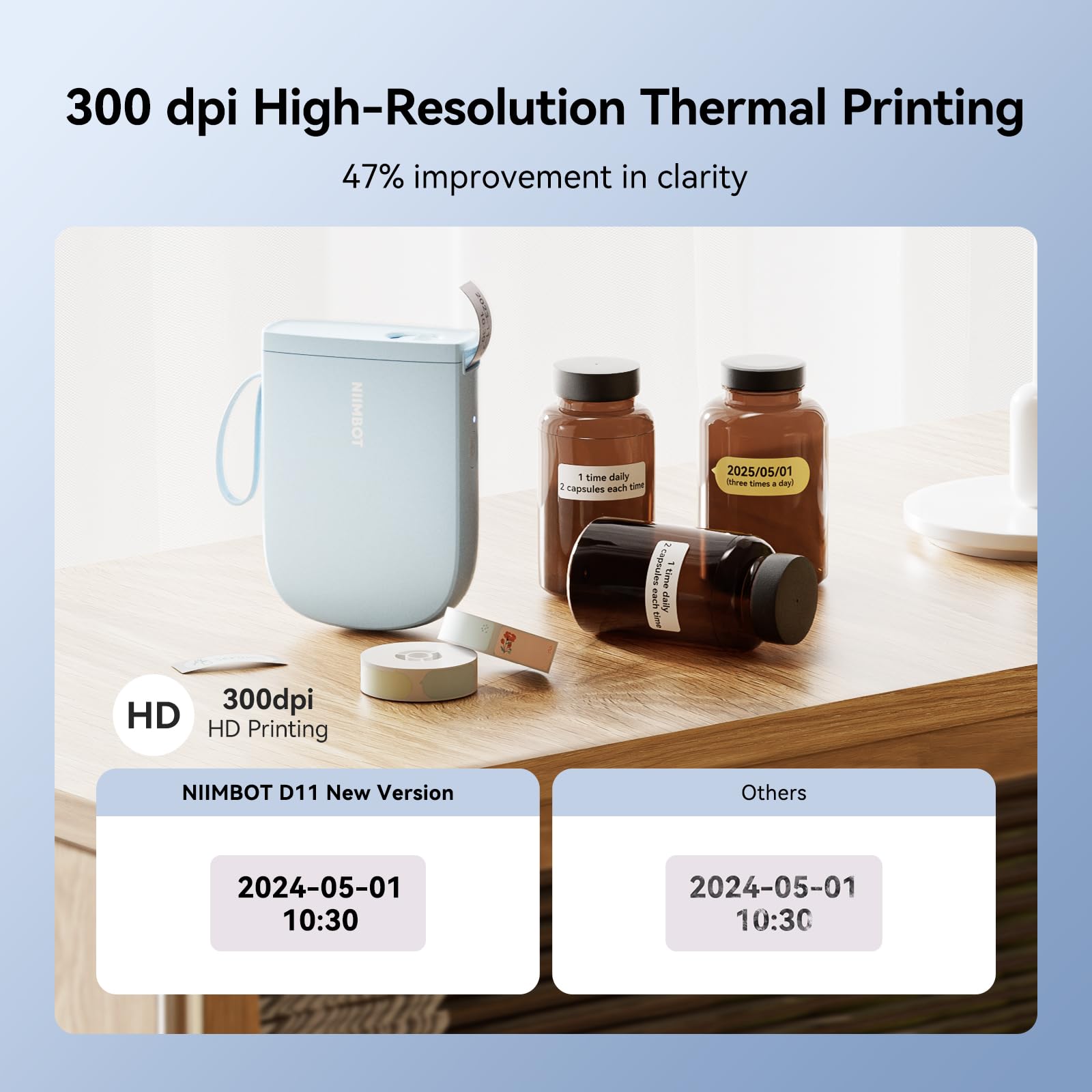 NIIMBOT D11 Bluetooth Label Maker Machine - 300DPI High Resolution, Portable Thermal Sticker Printer with Tape for Home, Office & School Organization (Blue) | Perfect for Labeling Files, Storage Boxes & School Supplies