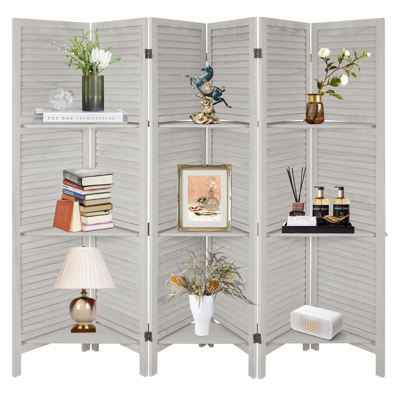 ECOMEX 6-Panel Room Divider with Shelves - White Folding Privacy Screen & Freestanding Partition for Home Office, Studio Apartment | Space-Saving Temporary Wall for Room Separation & Organization