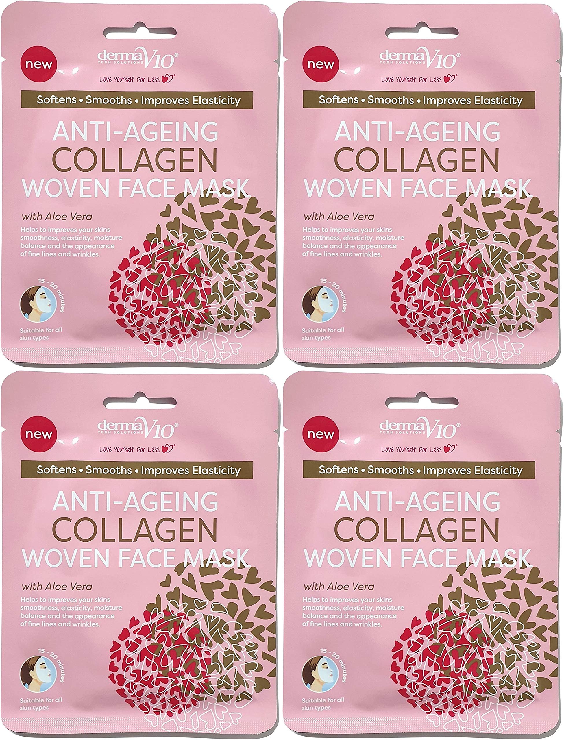 Derma V10 Woven Face Mask with Aloe Vera & Collagen - 4 Pack Vegan Skincare for All Skin Types | Anti-Aging, Hydrating & Soothing | Perfect for Daily Use, Spa Days & Travel Skincare Routine