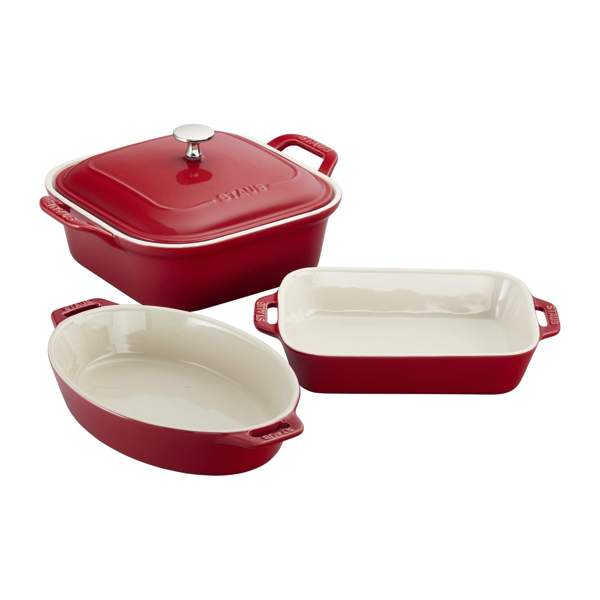 Staub Ceramic 4-Piece Baking Set - Casserole Dish with Lid, Brownie Pan, Cherry Red | Perfect for Oven Baking, Casseroles, Brownies & Desserts