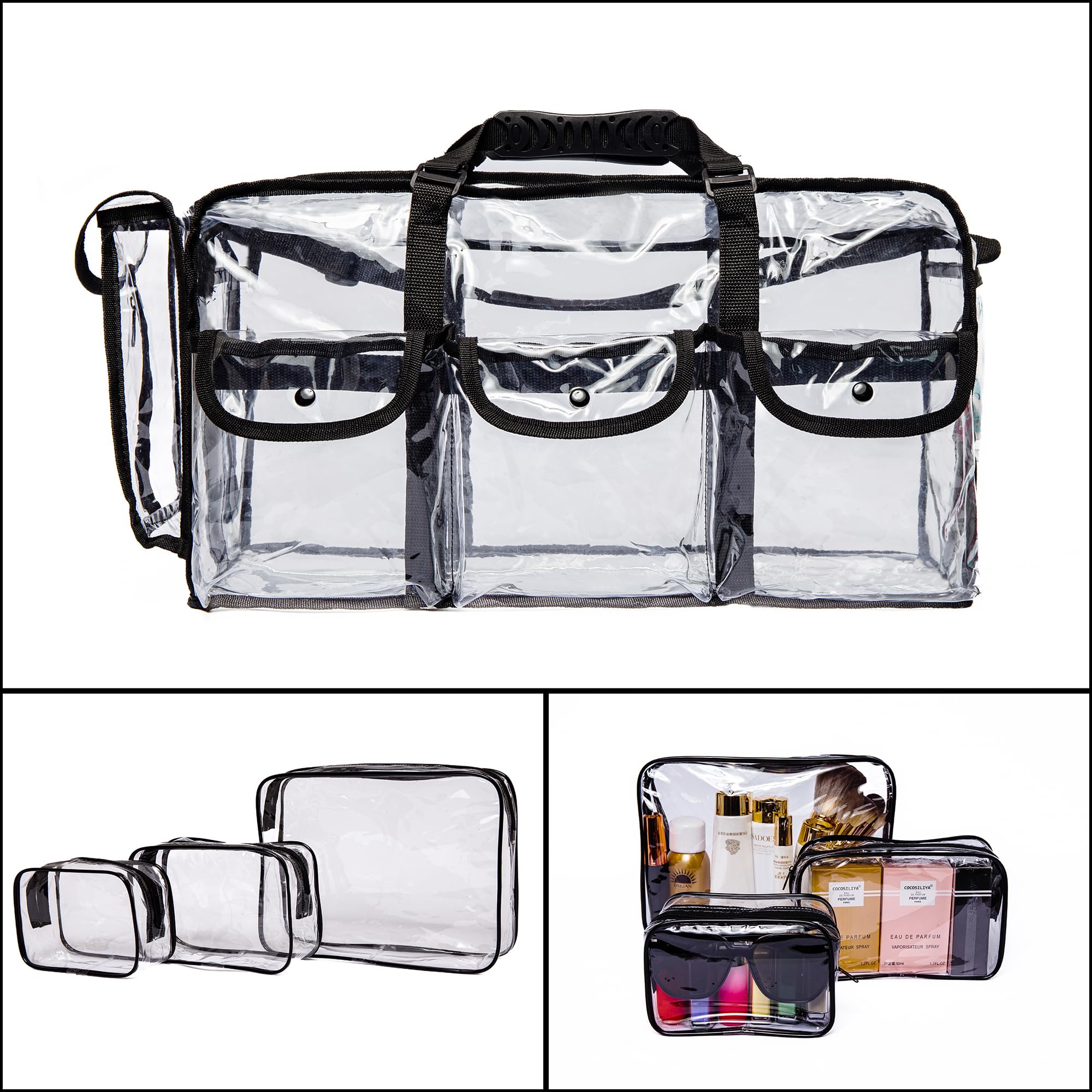 Large Clear Makeup Organizer - Transparent PVC Cosmetic & Toiletry Bag Set (3-Piece Waterproof Travel Essentials) | Perfect for Travel, Home Storage & Daily Beauty Routine