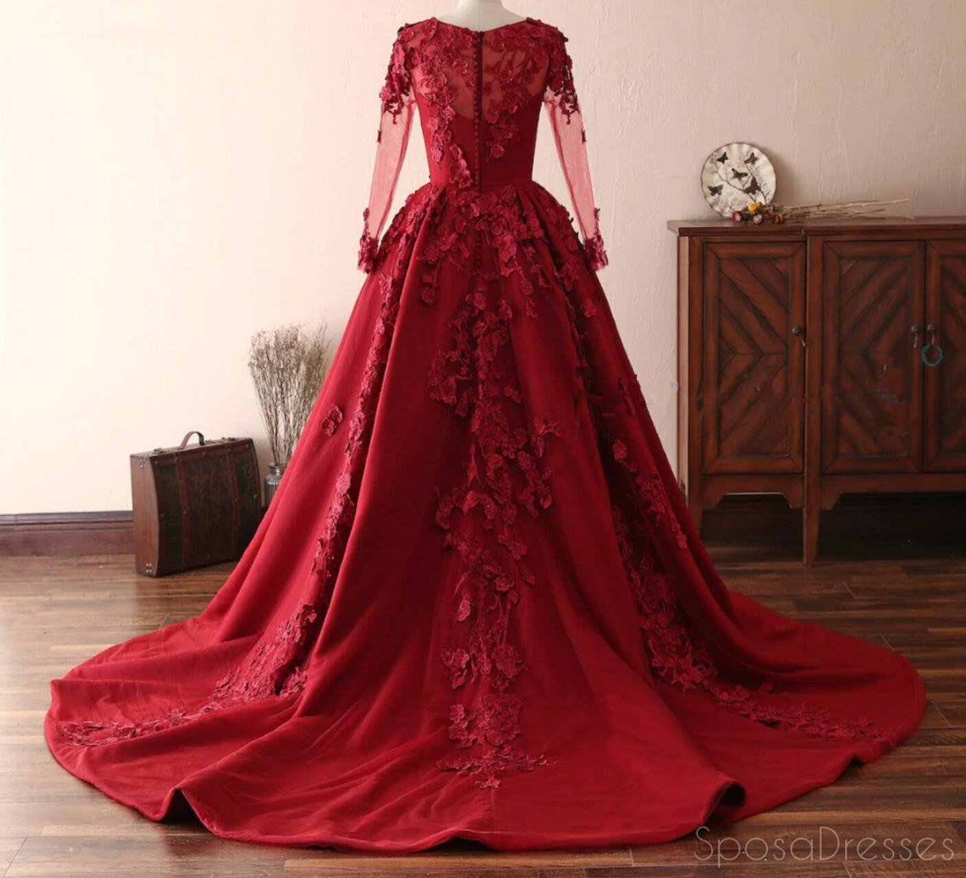 Elegant Long Sleeve Lace Dark Red Evening Prom Dress - Custom Sweet 16 Gown for Formal Events, Parties & Special Occasions | Style 18533