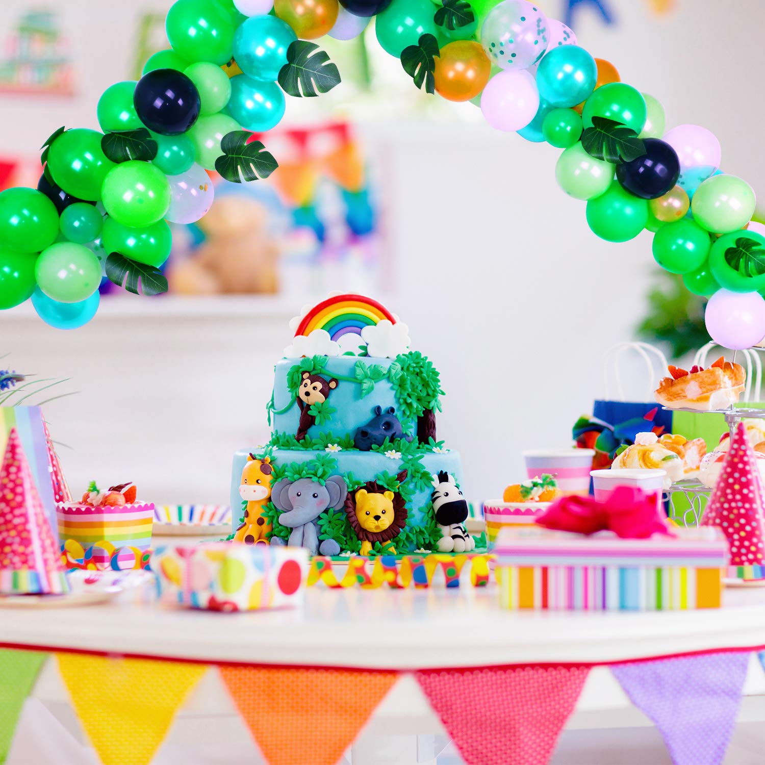 120 Pcs Tropical Jungle Party Balloons Garland Arch Kit with Palm Leaves - Green Jungle Theme Balloons, Confetti Balloons for Baby Shower, Wild One Birthday, Safari Theme Party Decorations - Perfect for Jungle Themed Baby Showers, First Birthdays, Safari Adventures and Tropical Party Decor