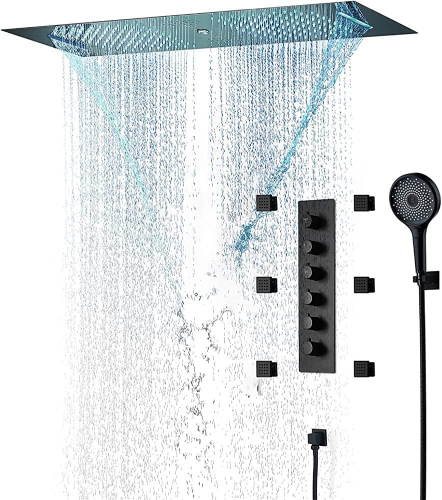 64-Color LED Music Shower System - Thermostatic Rain Shower Combo Set with 5 Functions (Handheld Sprayer, Rain Shower Head, 6 Body Jets) - Black Tub & Shower Trim Kit for Ultimate Relaxation & Spa Experience at Home