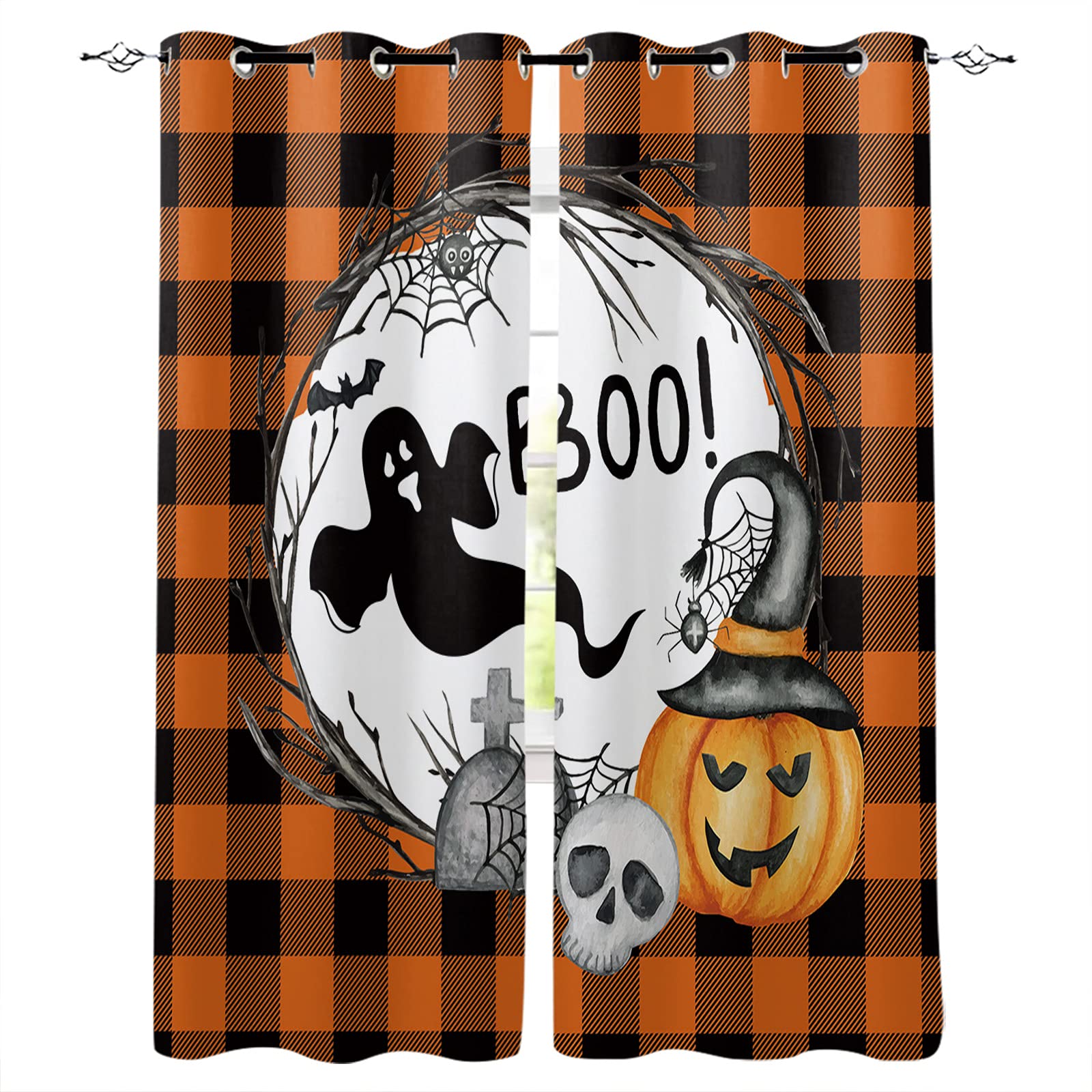 Halloween Blackout Curtains - Pumpkin Ghost Skull Design, Thermal Insulated Sun Blocking Drapes for Bedroom & Kitchen, Orange Black Checkered Plaid, 52x63 Inches, 2 Panels - Perfect for Halloween Decor, Horror Theme Parties, and Light Control in Home Theater Rooms