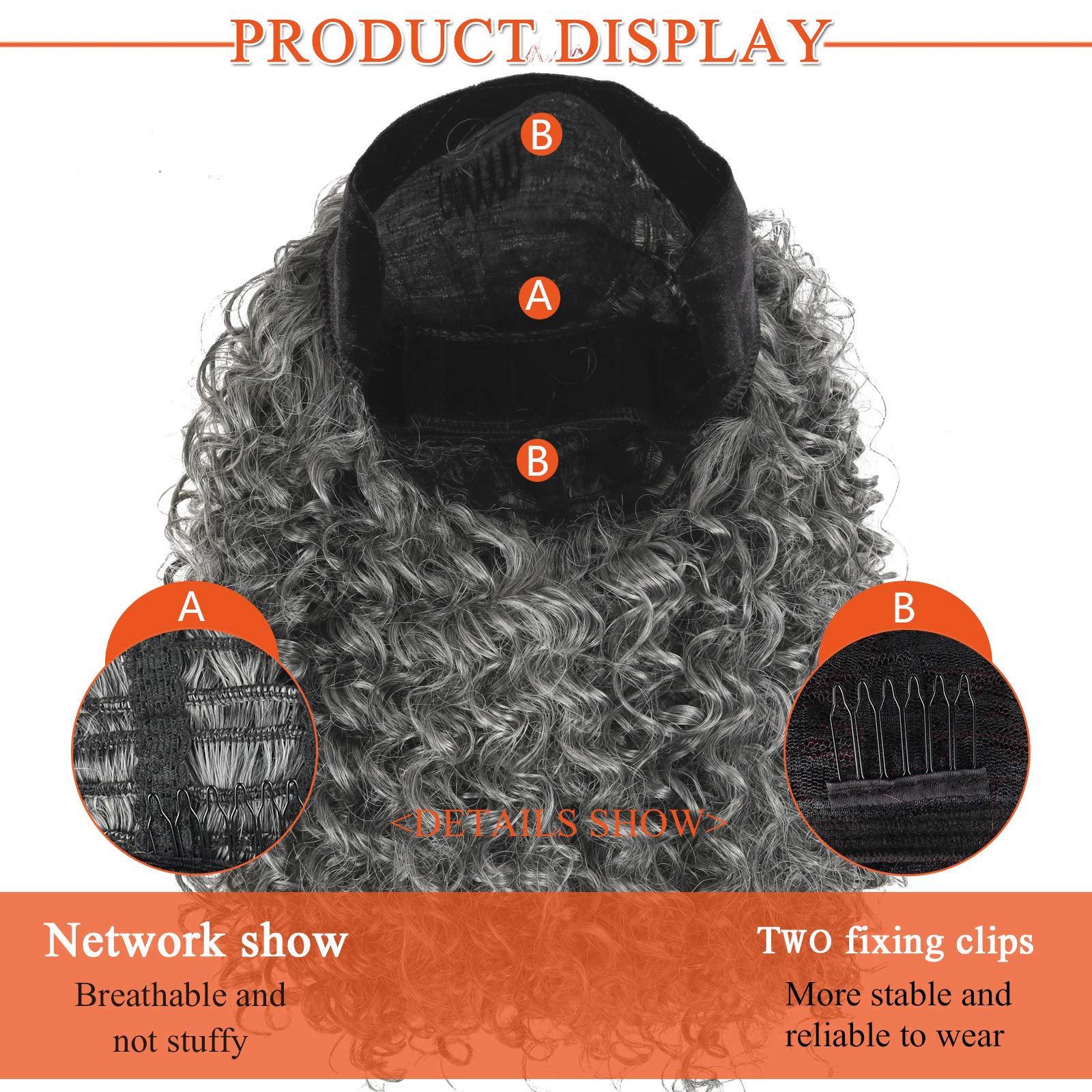 Short Afro Kinky Curly Grey Headband Wig for Black Women - 16inch Synthetic Curly Headband Wig with Attached Scarf (1B/Grey) | Perfect for Daily Wear, Cosplay, and Protective Styling