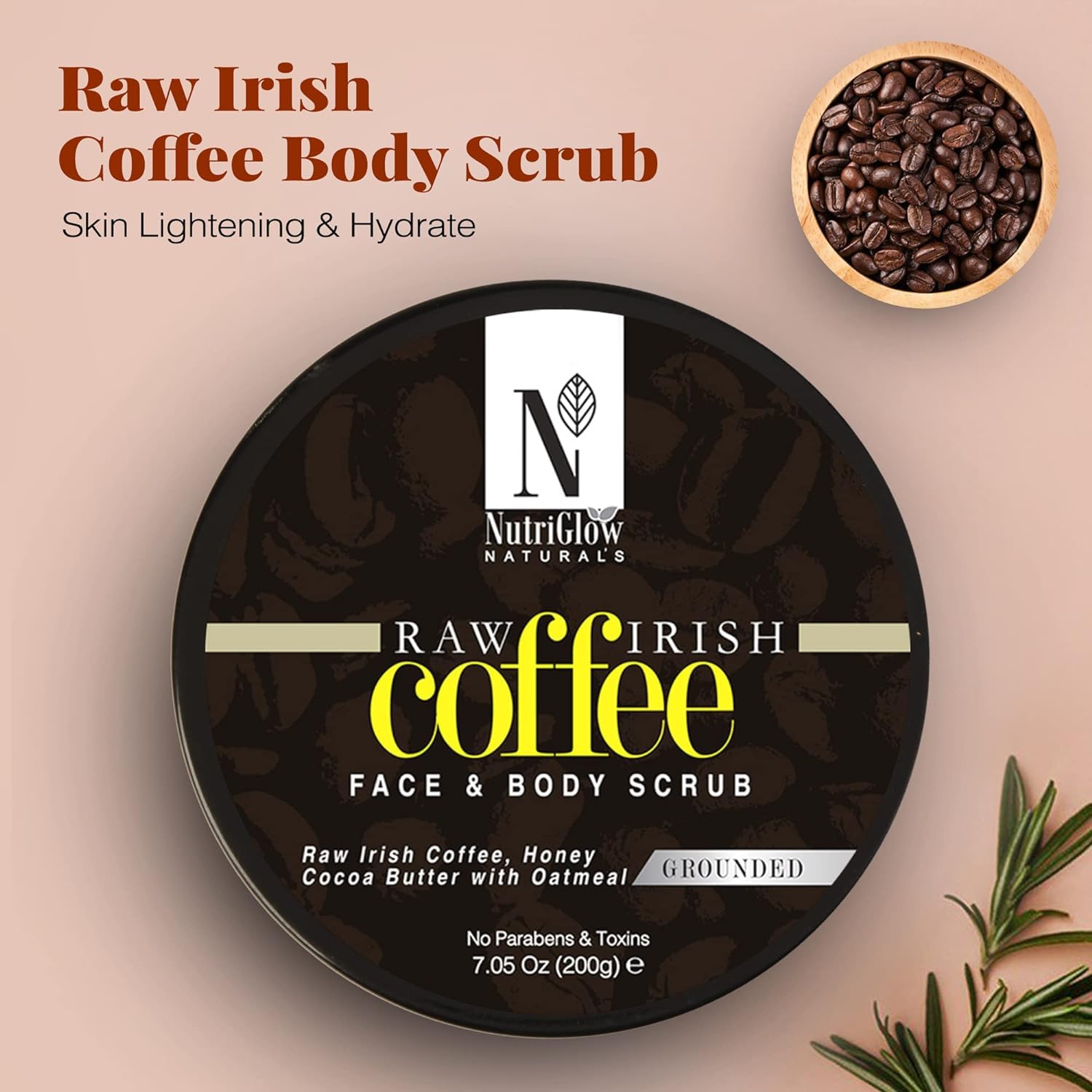 Organic Raw Irish Coffee & Cocoa Butter Face & Body Scrub with Oatmeal - Exfoliating & Hydrating Skincare for Dry Skin, Cruelty Free & Vegan (200g) - Perfect for Spa Day, Self Care Routine & Gift Giving