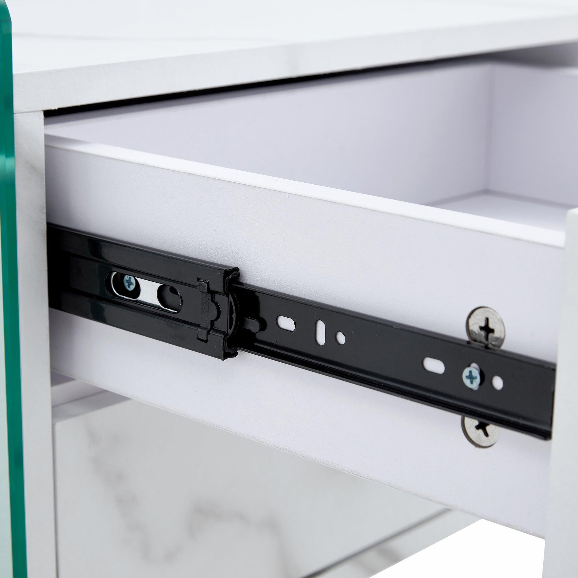 Modern Double Drawer Bedside Table with MDF Sticker Surface & Tempered Glass Sides - Simple Elegant Design, Excellent Storage for Bedroom, Living Room, or Office Use