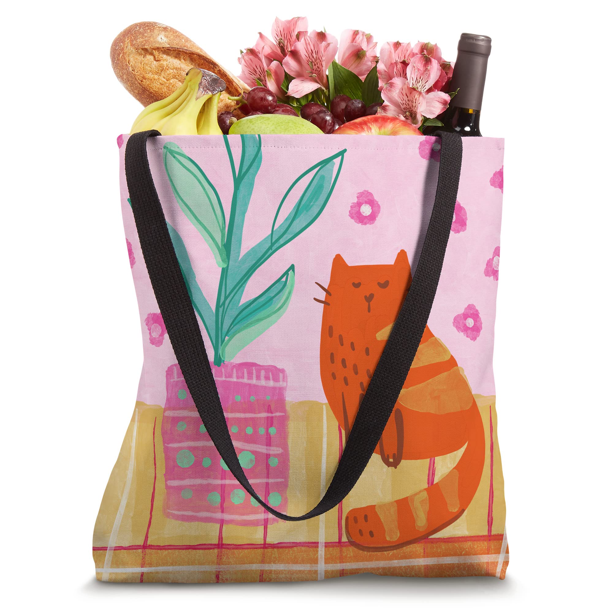 Stylish Orange Tabby Cat & Green Plant Illustration Tote Bag - Cute & Fun Eco-Friendly Shopping Bag for Groceries, Beach, Work & Travel